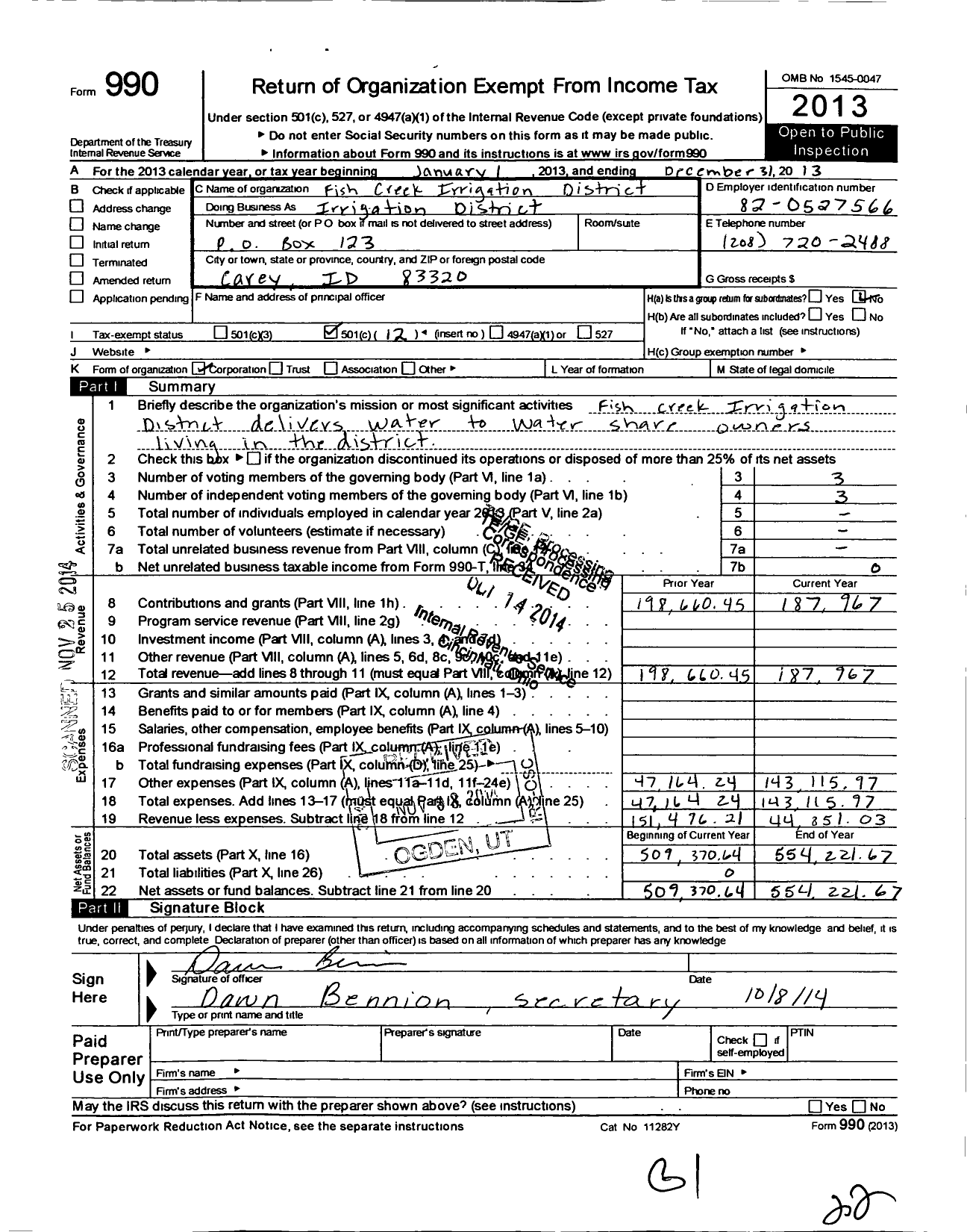 Image of first page of 2013 Form 990O for Fish Creek Irrigation District