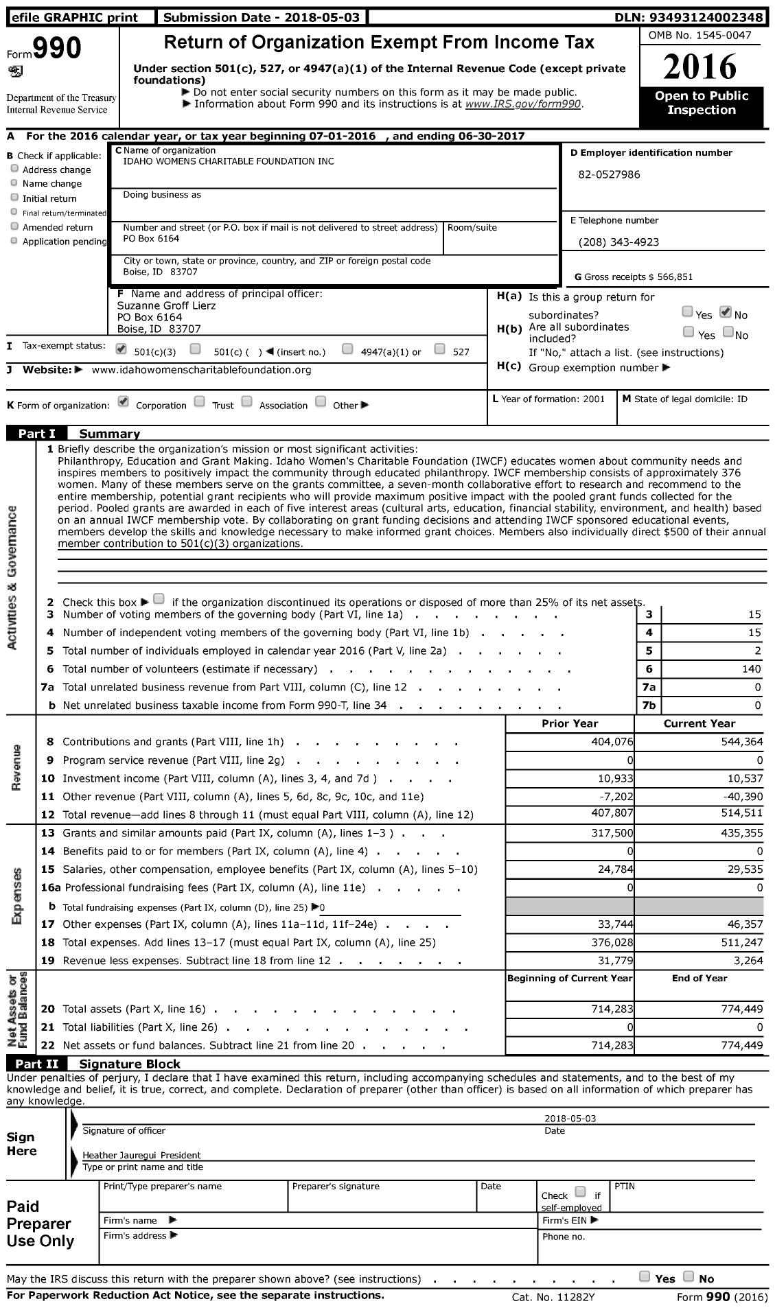 Image of first page of 2016 Form 990 for Idaho Womens Charitable Foundation