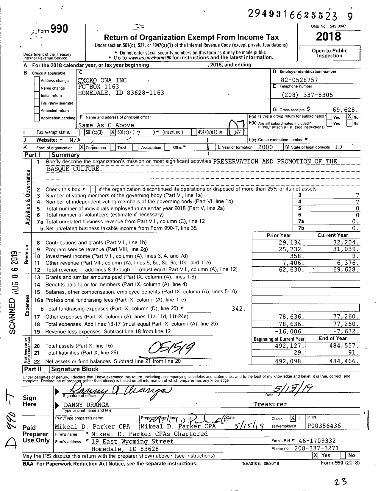 Image of first page of 2018 Form 990O for Txoko Ona