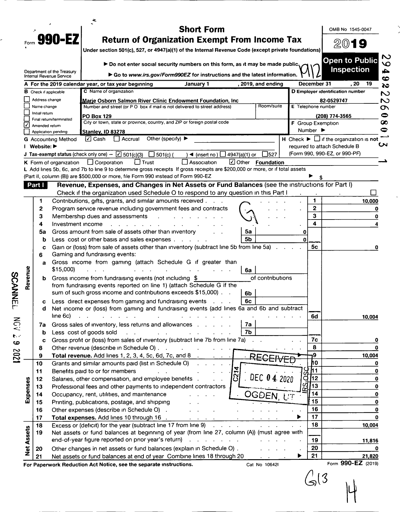 Image of first page of 2019 Form 990EZ for Marie Osborne Salmon River Clinic Endowment Fund