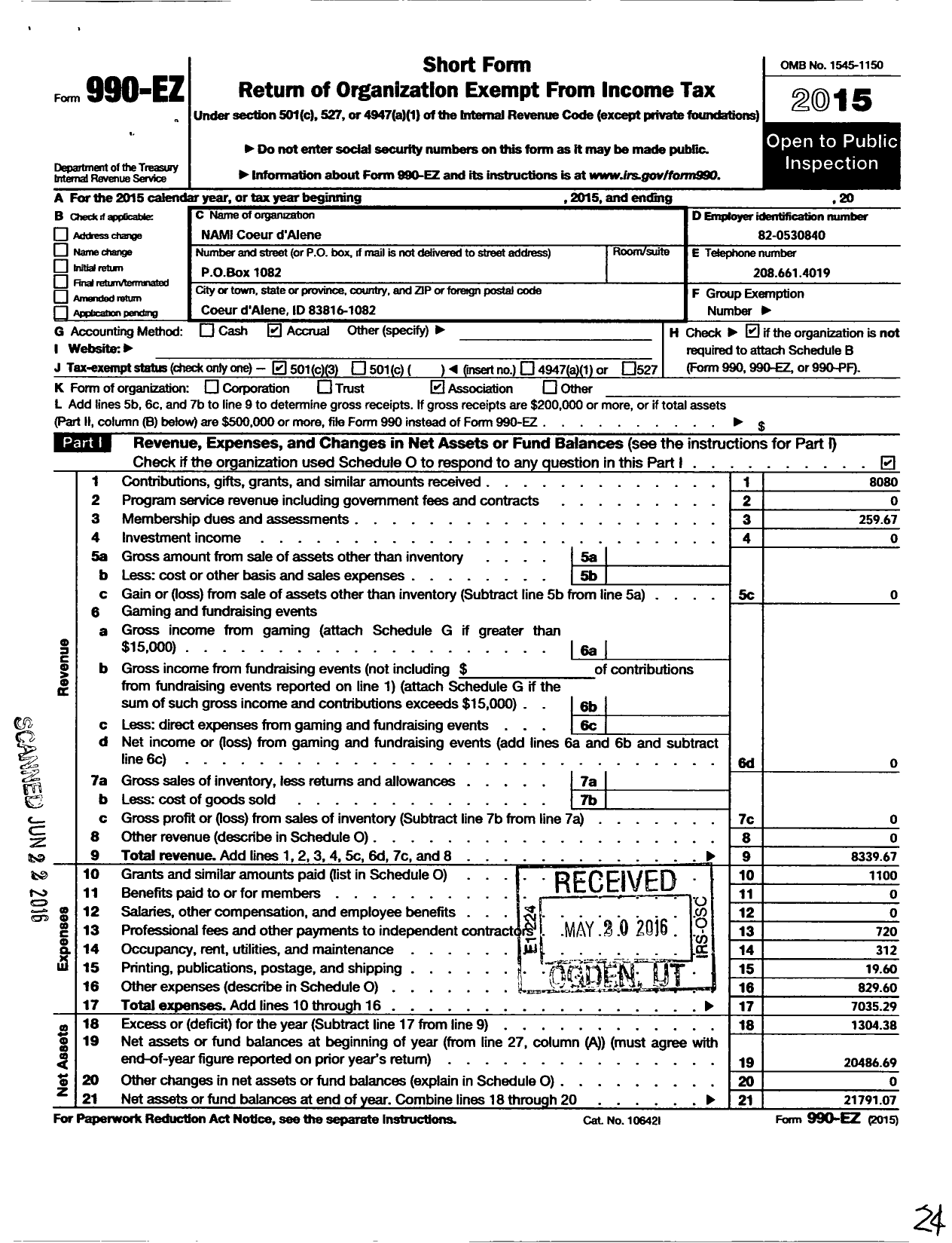 Image of first page of 2015 Form 990EZ for Nami Coeur D Dalene