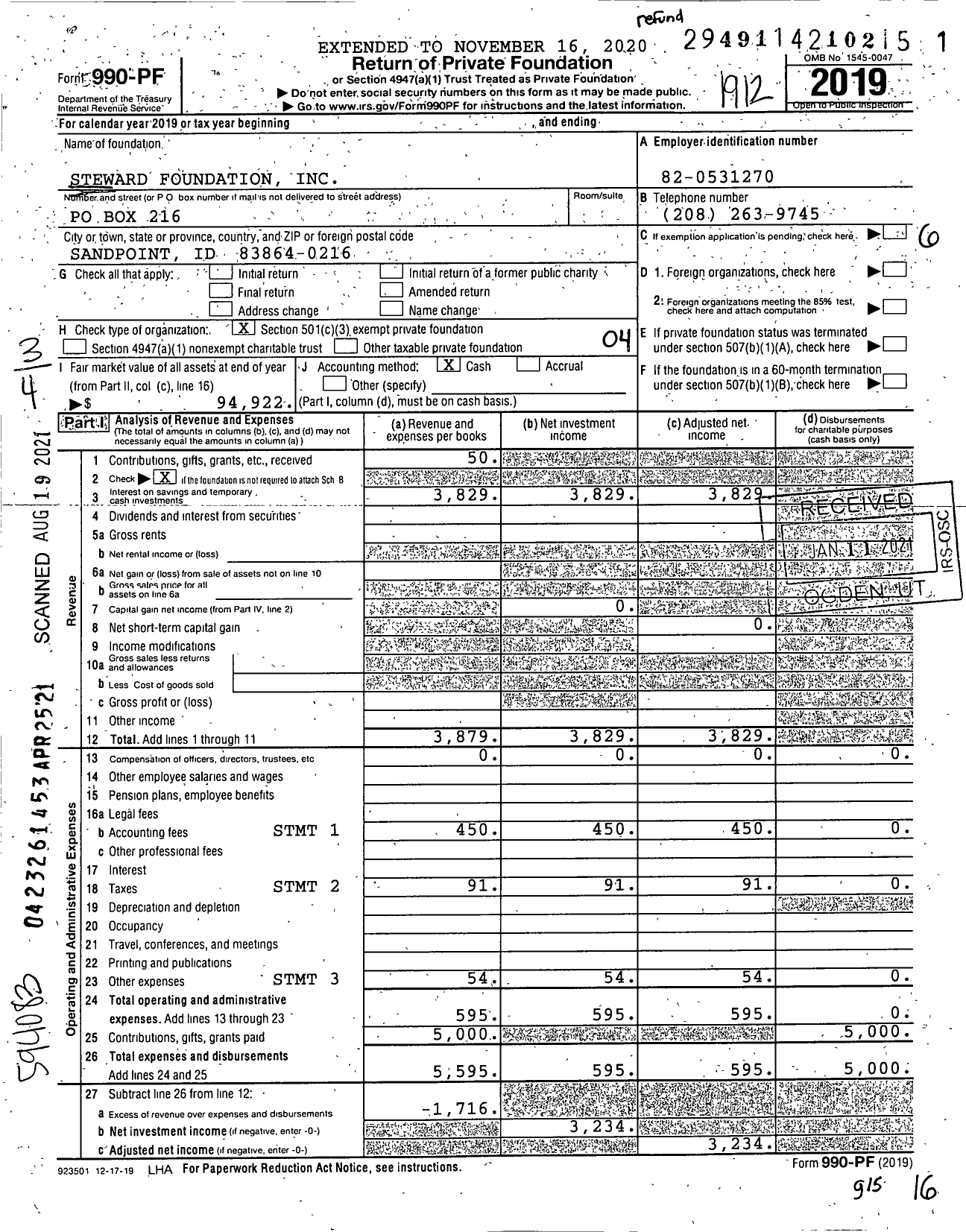 Image of first page of 2019 Form 990PF for Steward Foundation