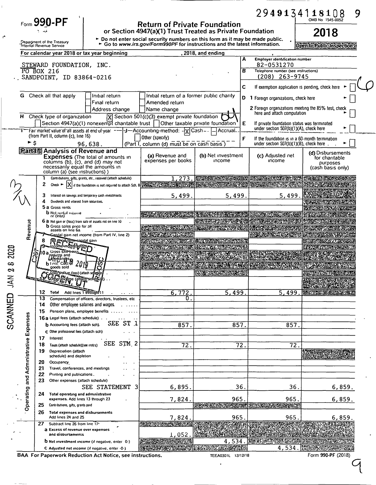 Image of first page of 2018 Form 990PF for Steward Foundation