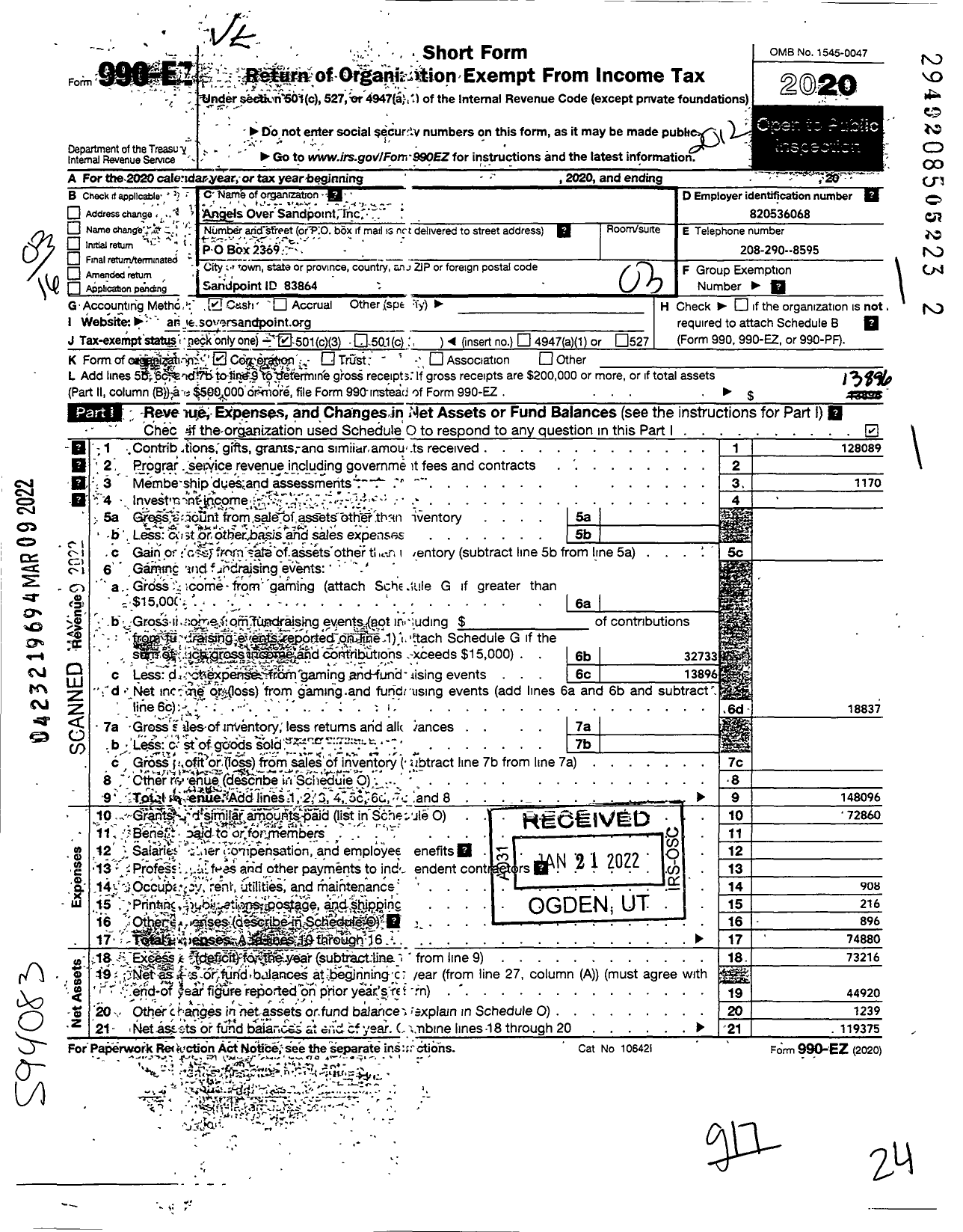 Image of first page of 2020 Form 990EZ for Angels Over Sandpoint