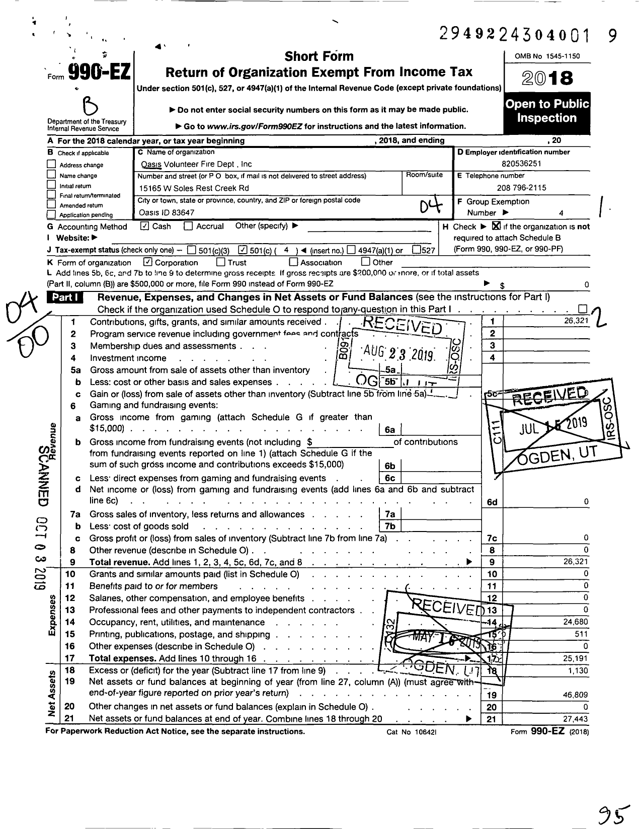 Image of first page of 2018 Form 990EO for Oasis Volunteer Fire Department