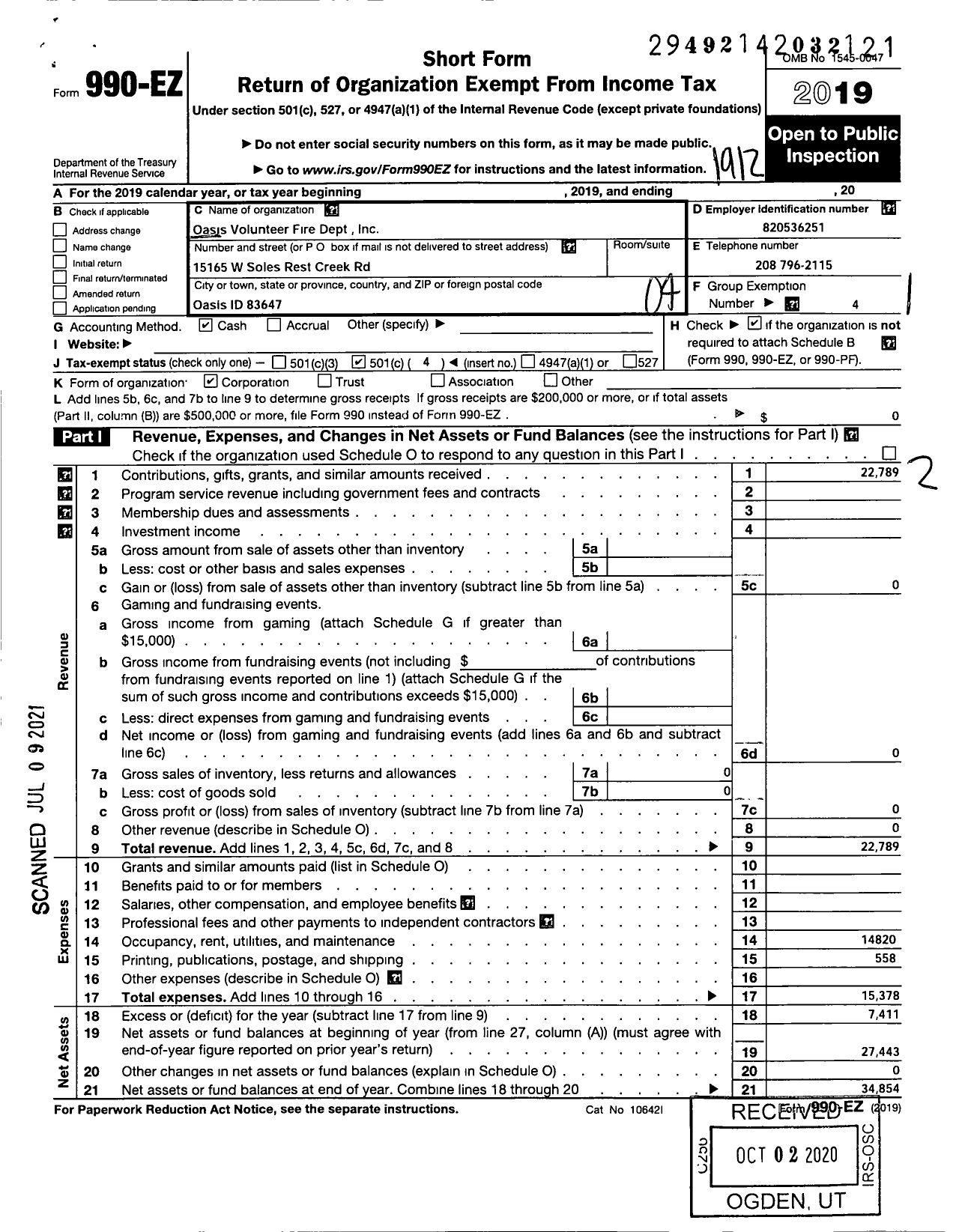 Image of first page of 2019 Form 990EO for Oasis Volunteer Fire Department