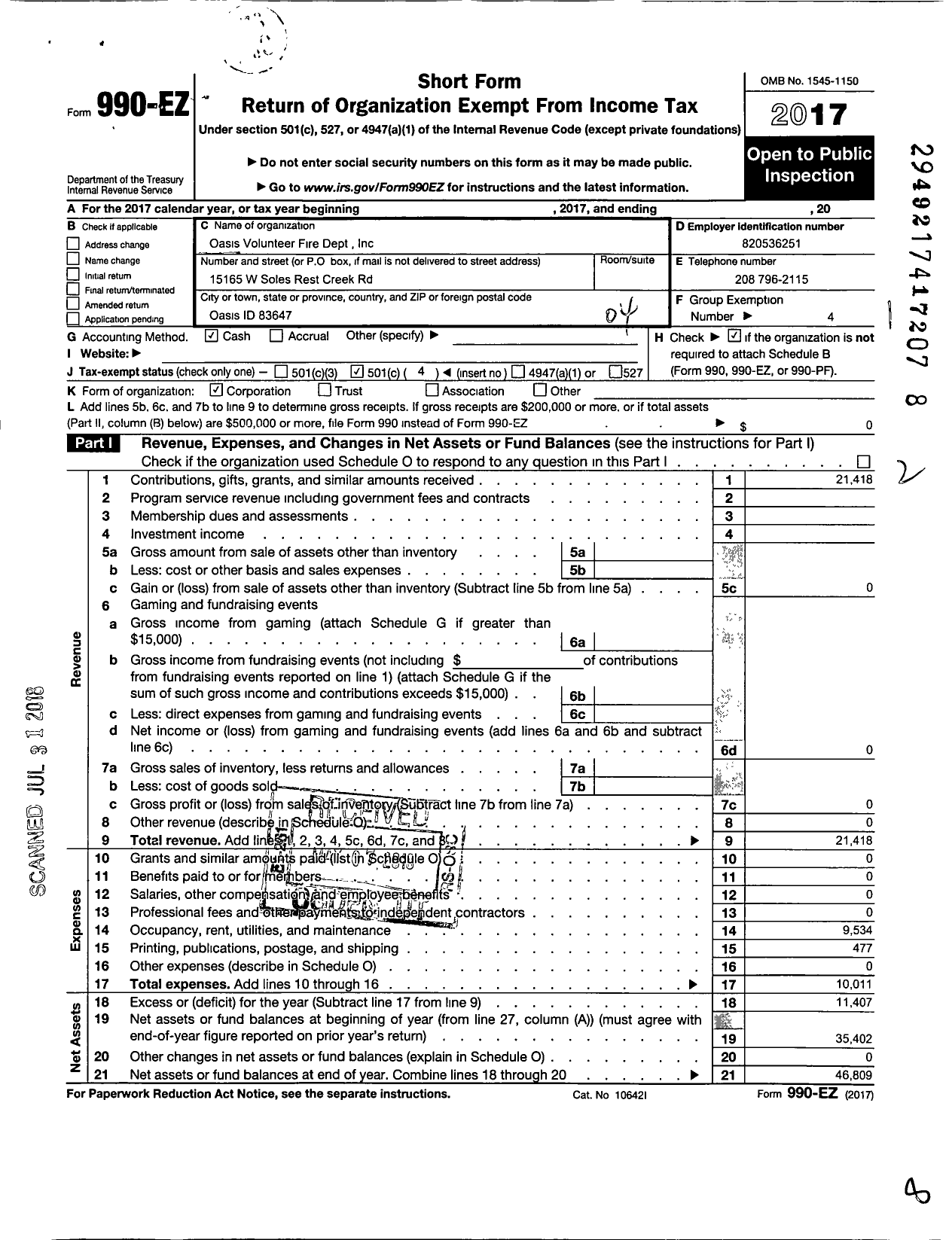 Image of first page of 2017 Form 990EO for Oasis Volunteer Fire Department