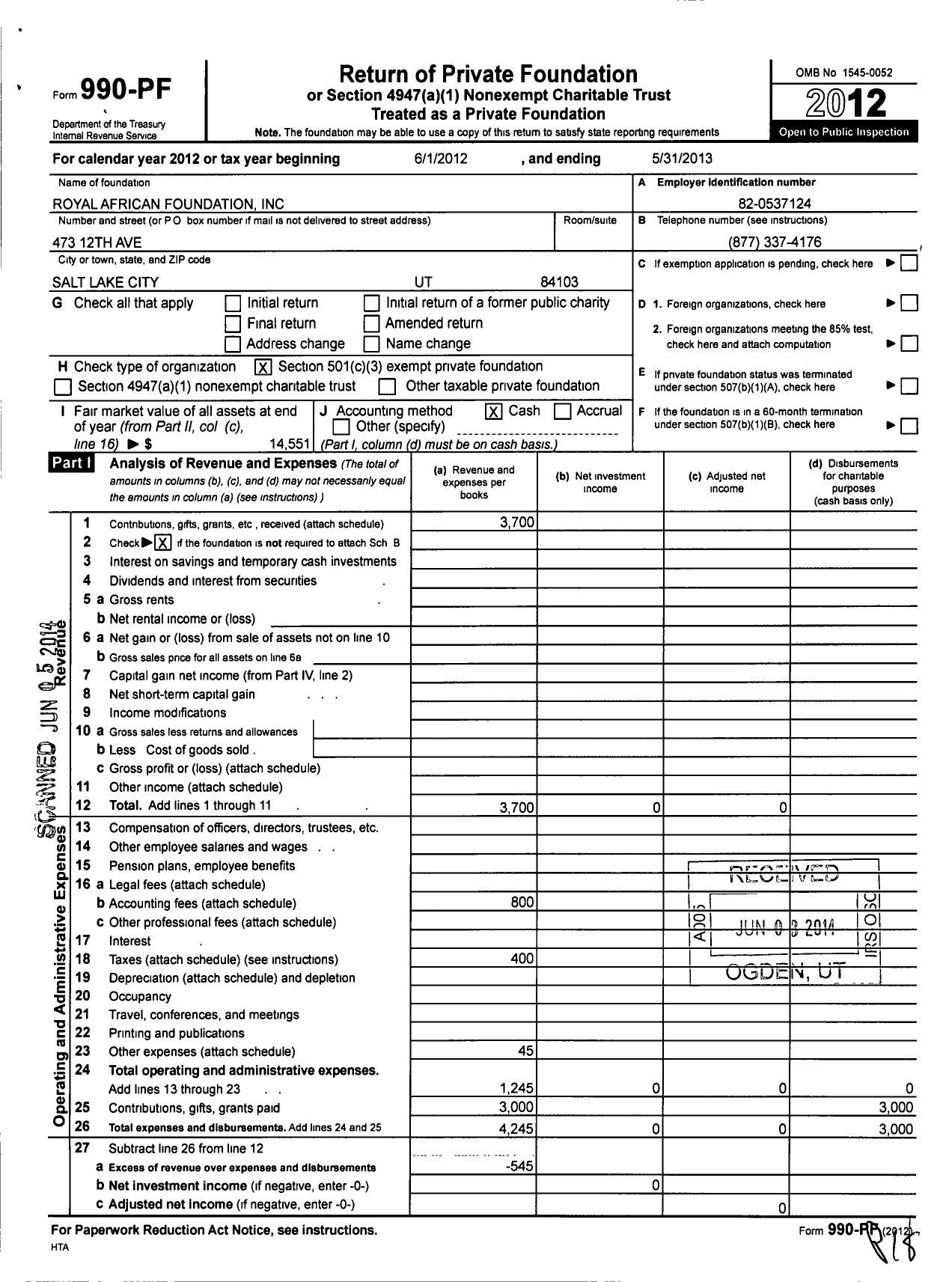 Image of first page of 2012 Form 990PF for Royal African Foundation