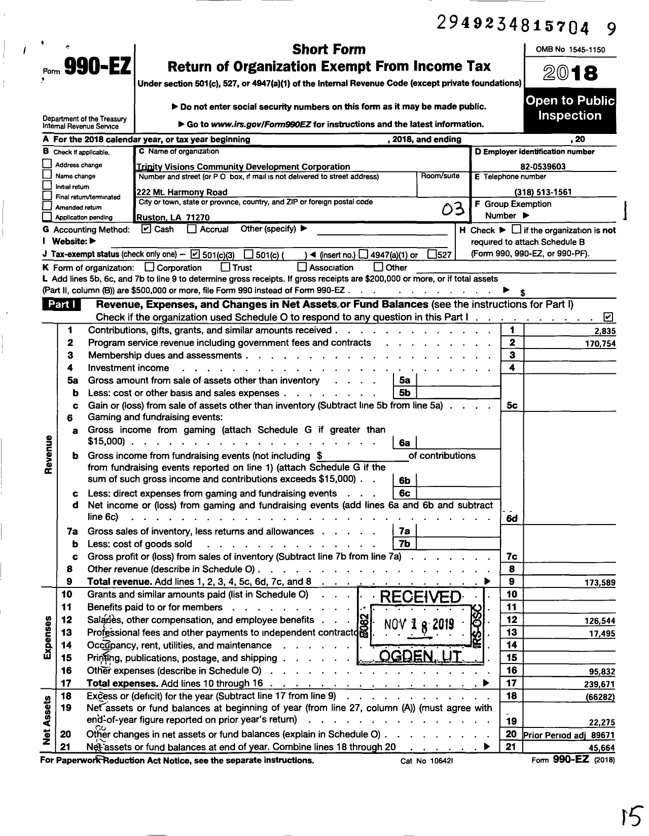 Image of first page of 2018 Form 990EZ for Trinity Visions Community Development Corp