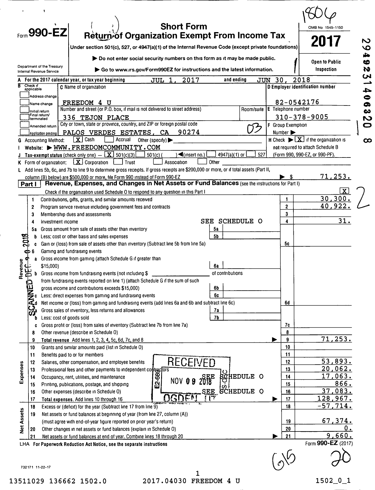 Image of first page of 2017 Form 990EZ for Freedom 4 U