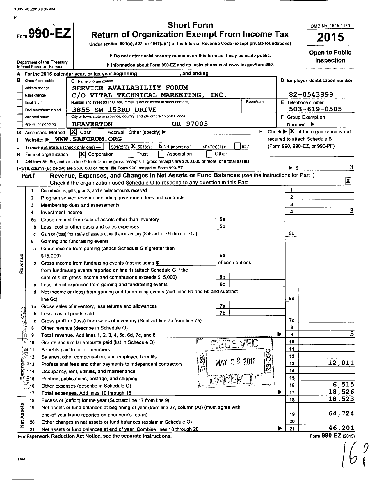 Image of first page of 2015 Form 990EO for Service Availability Forum