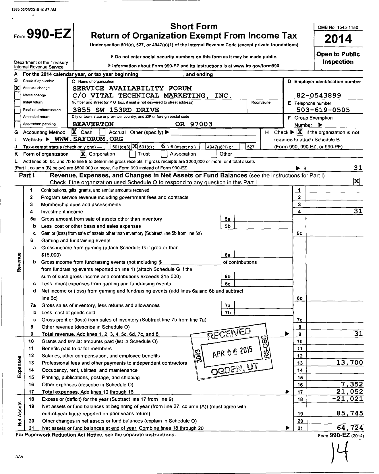 Image of first page of 2014 Form 990EO for Service Availability Forum