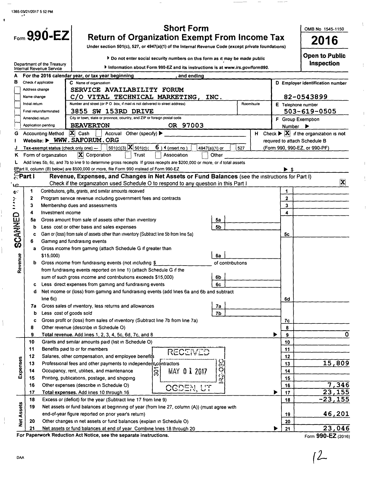 Image of first page of 2016 Form 990EO for Service Availability Forum