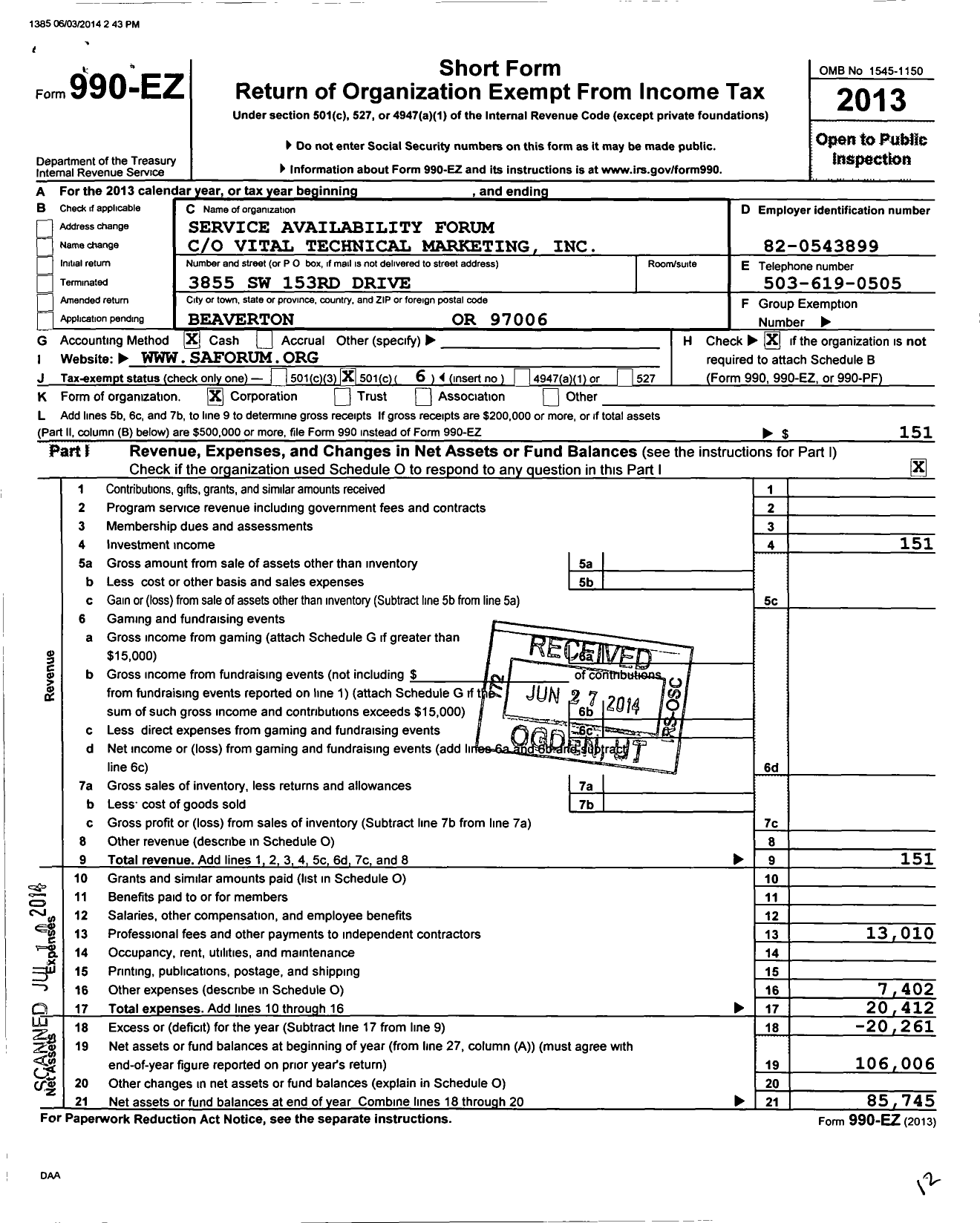 Image of first page of 2013 Form 990EO for Service Availability Forum