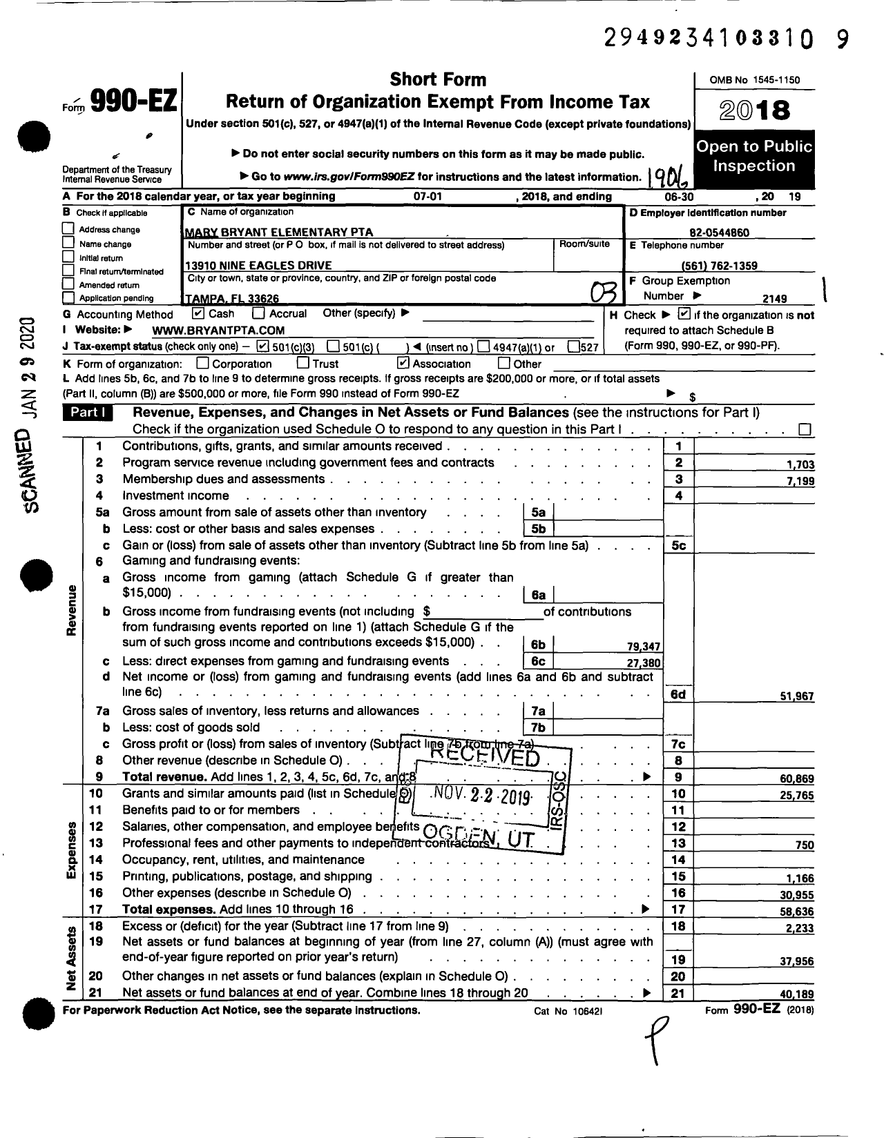 Image of first page of 2018 Form 990EZ for PTA Florida Congress - Mary E Bryant Elem PTA