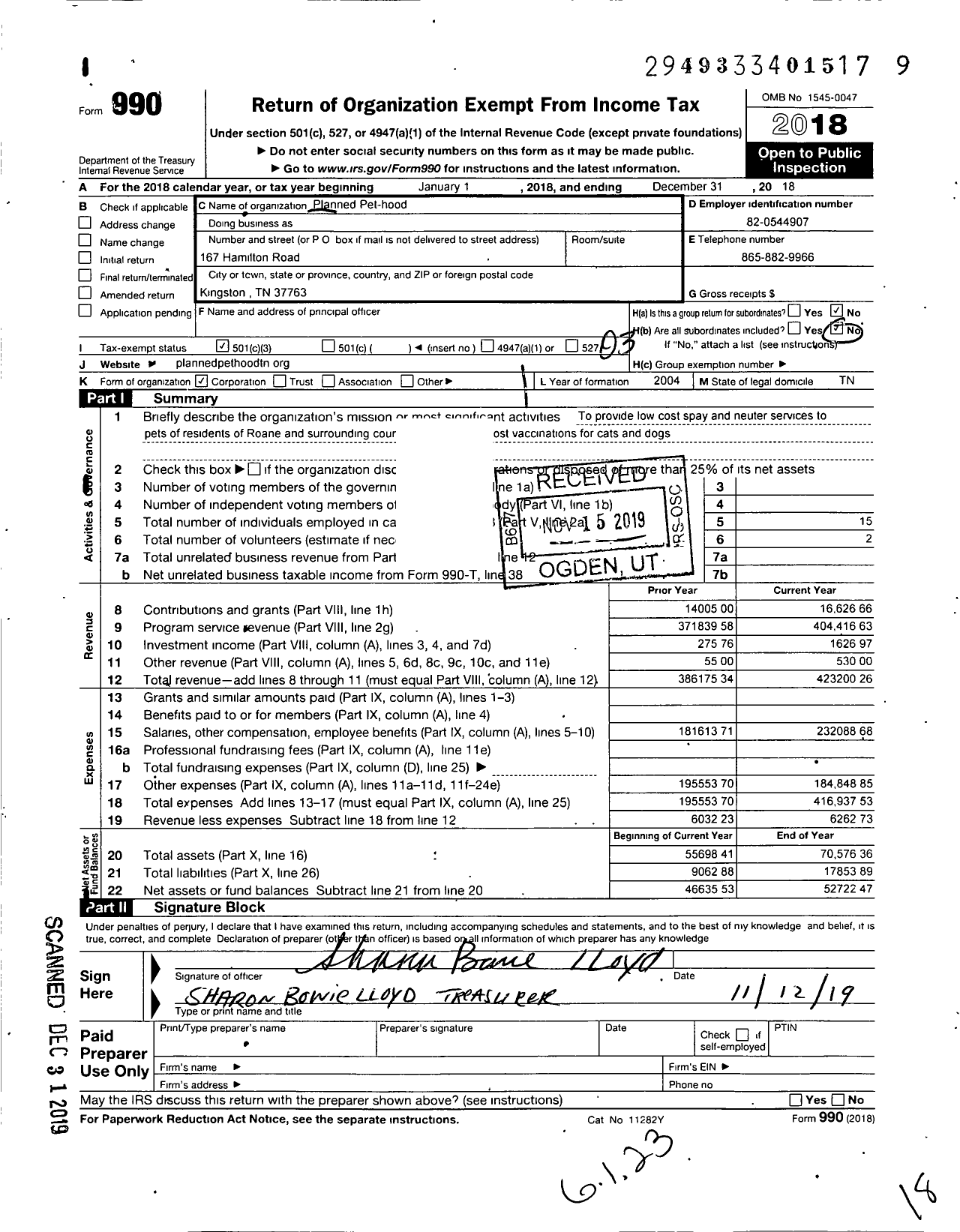 Image of first page of 2018 Form 990 for Planned Pet-Hood