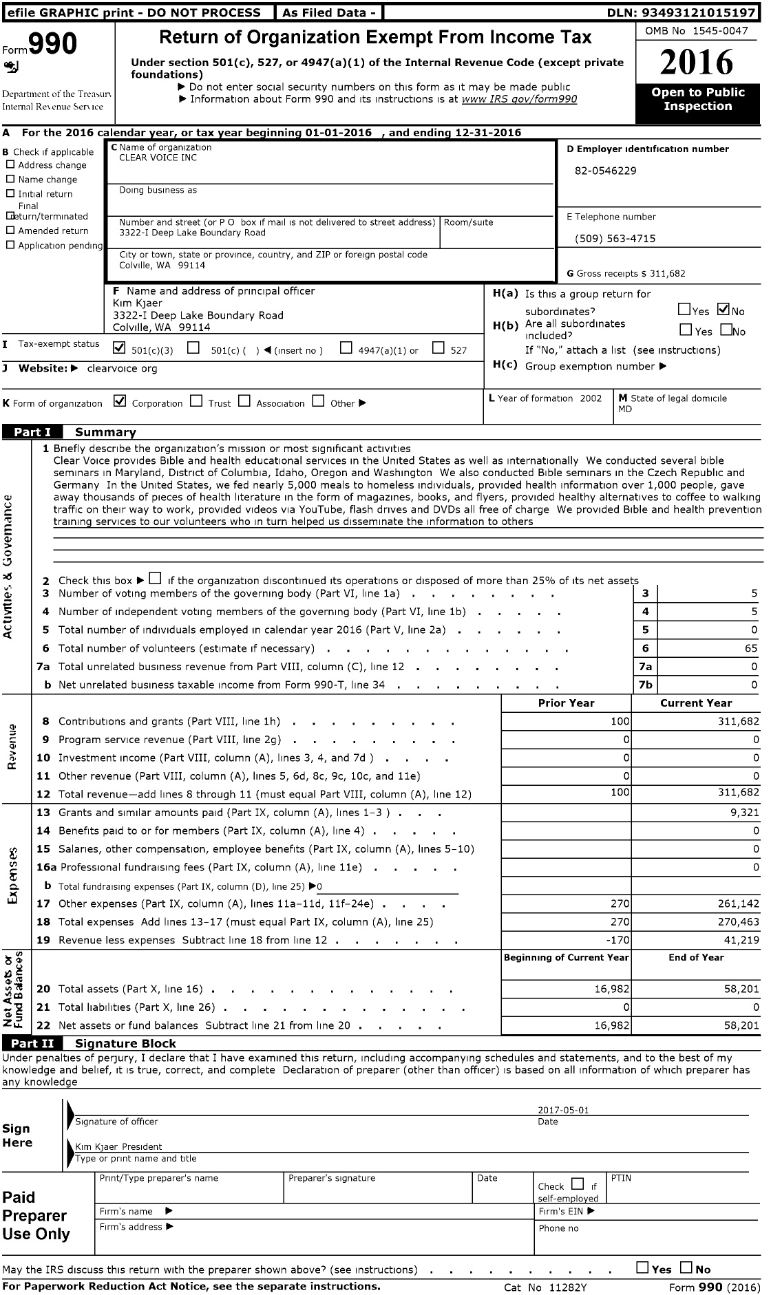 Image of first page of 2016 Form 990 for Clear Voice