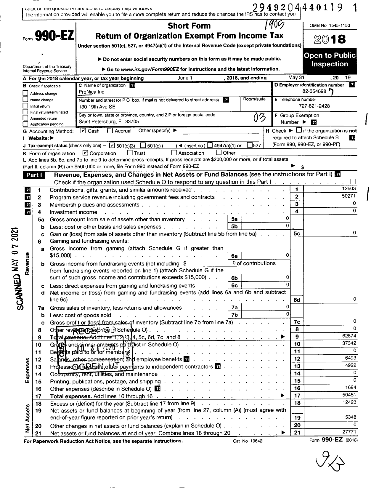 Image of first page of 2018 Form 990EZ for ProNica