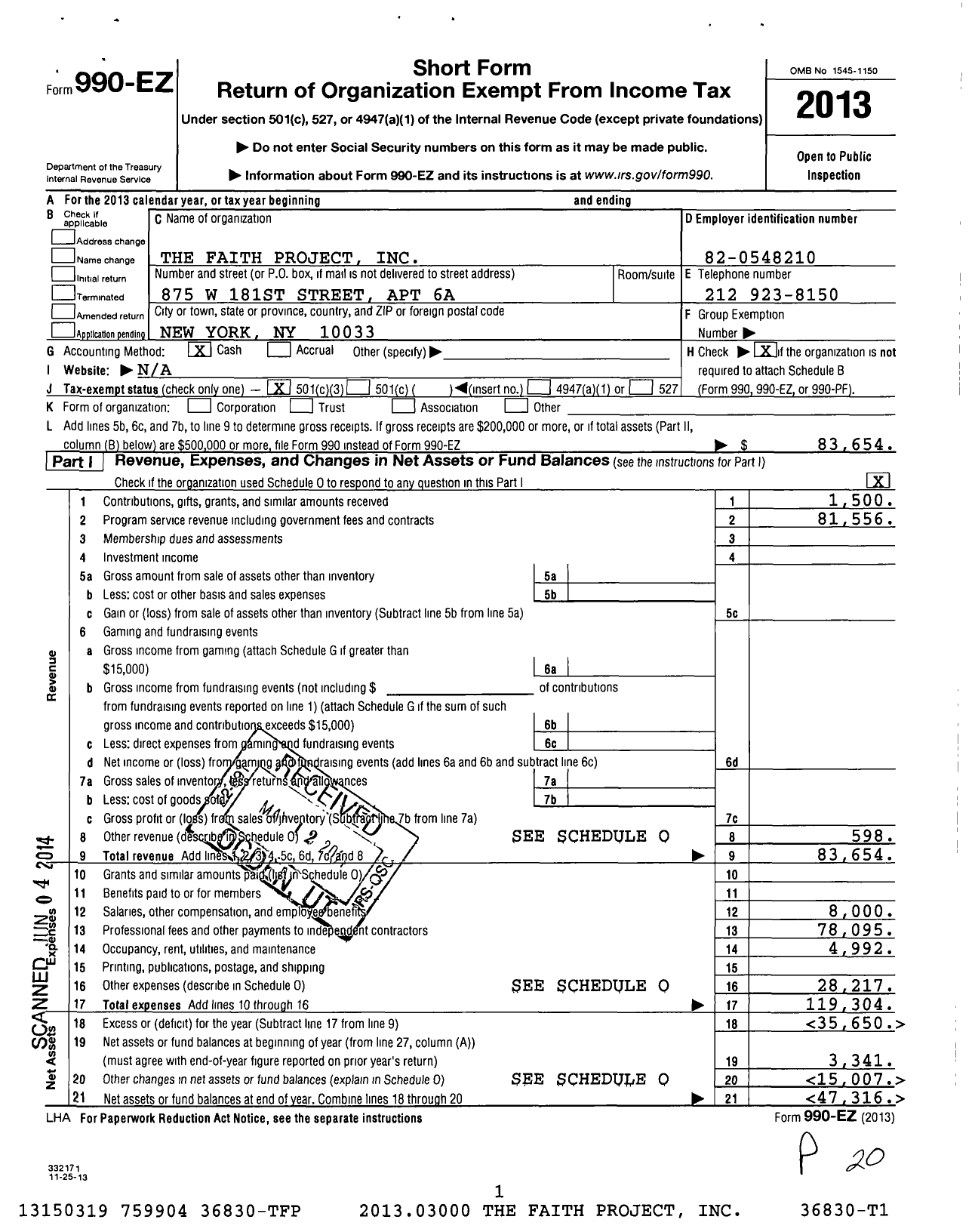 Image of first page of 2013 Form 990EZ for Faith Project