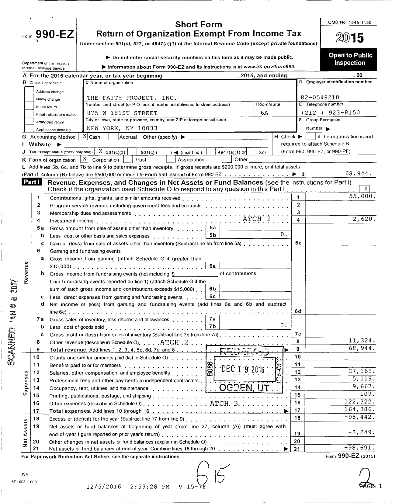 Image of first page of 2015 Form 990EZ for Faith Project