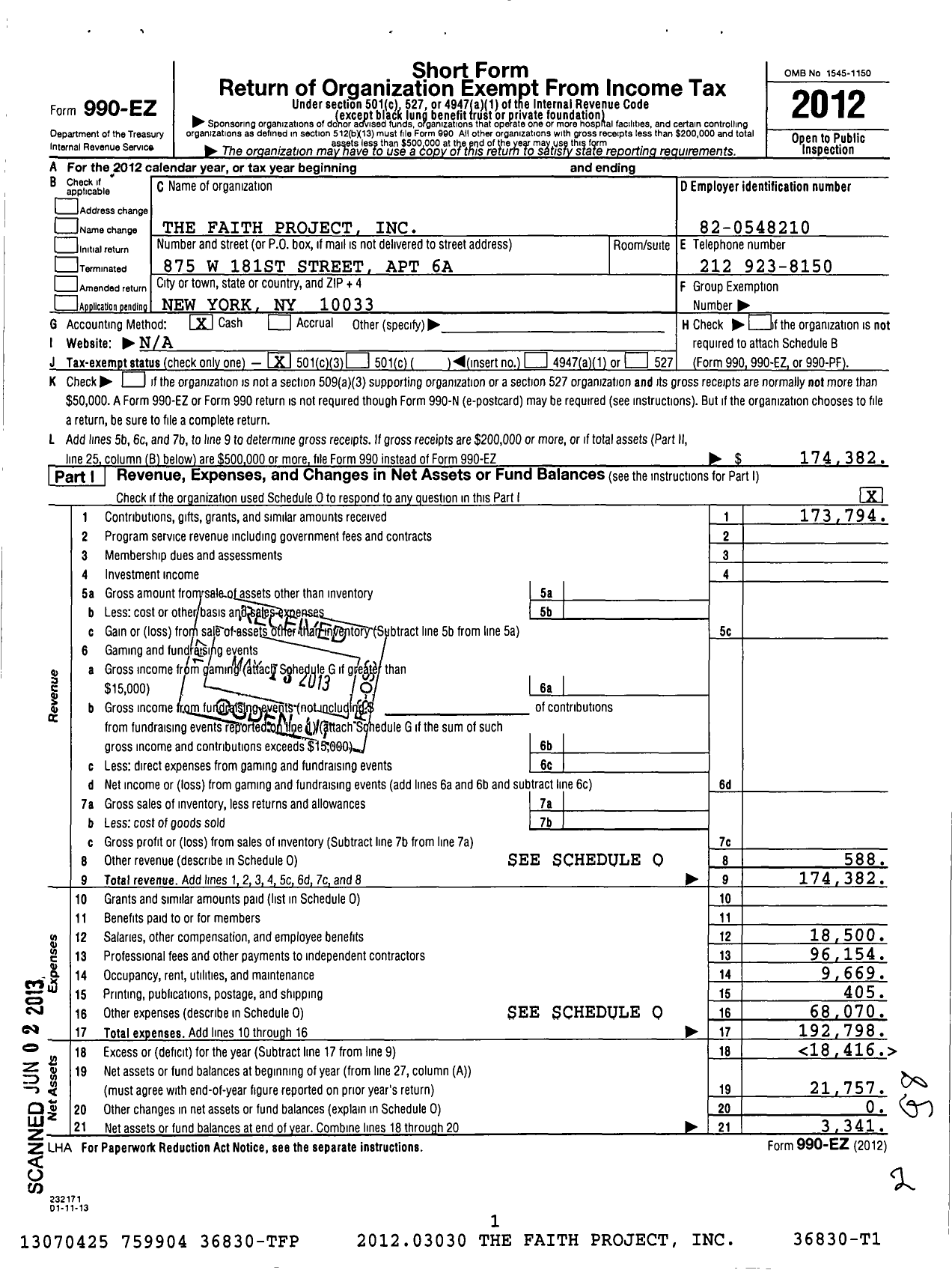 Image of first page of 2012 Form 990EZ for Faith Project