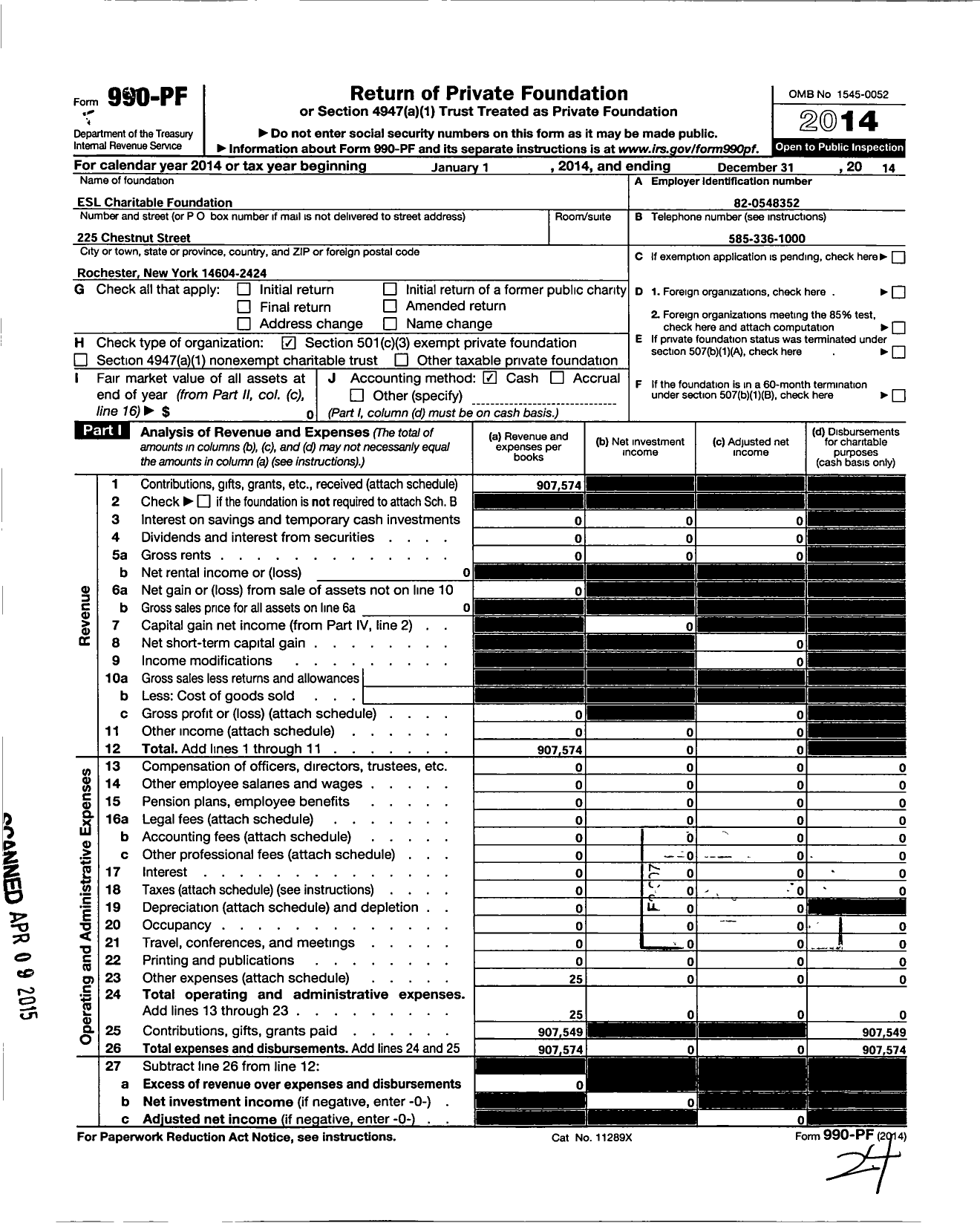 Image of first page of 2014 Form 990PF for Esl