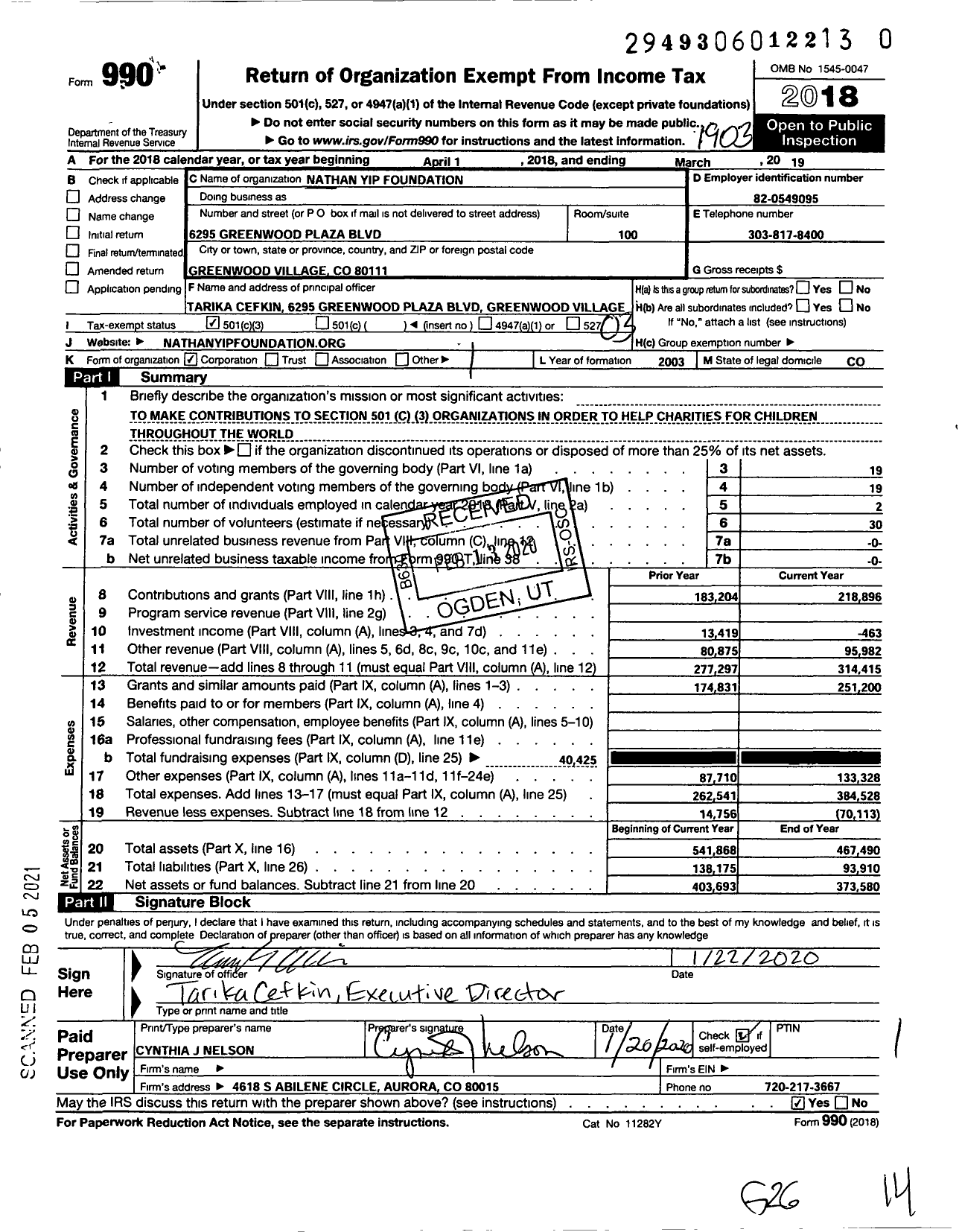 Image of first page of 2018 Form 990 for Nathan Yip Foundation