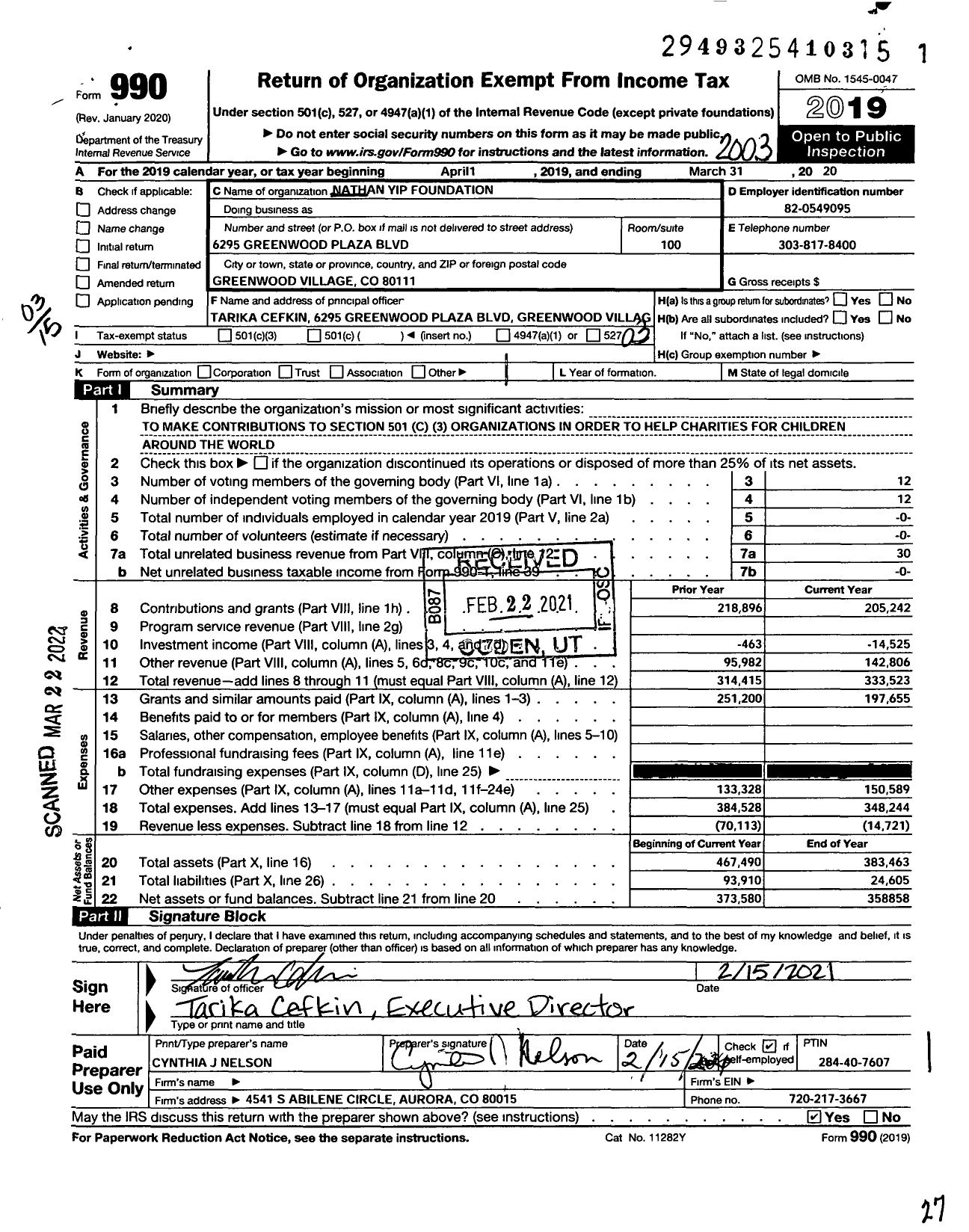 Image of first page of 2019 Form 990 for Nathan Yip Foundation