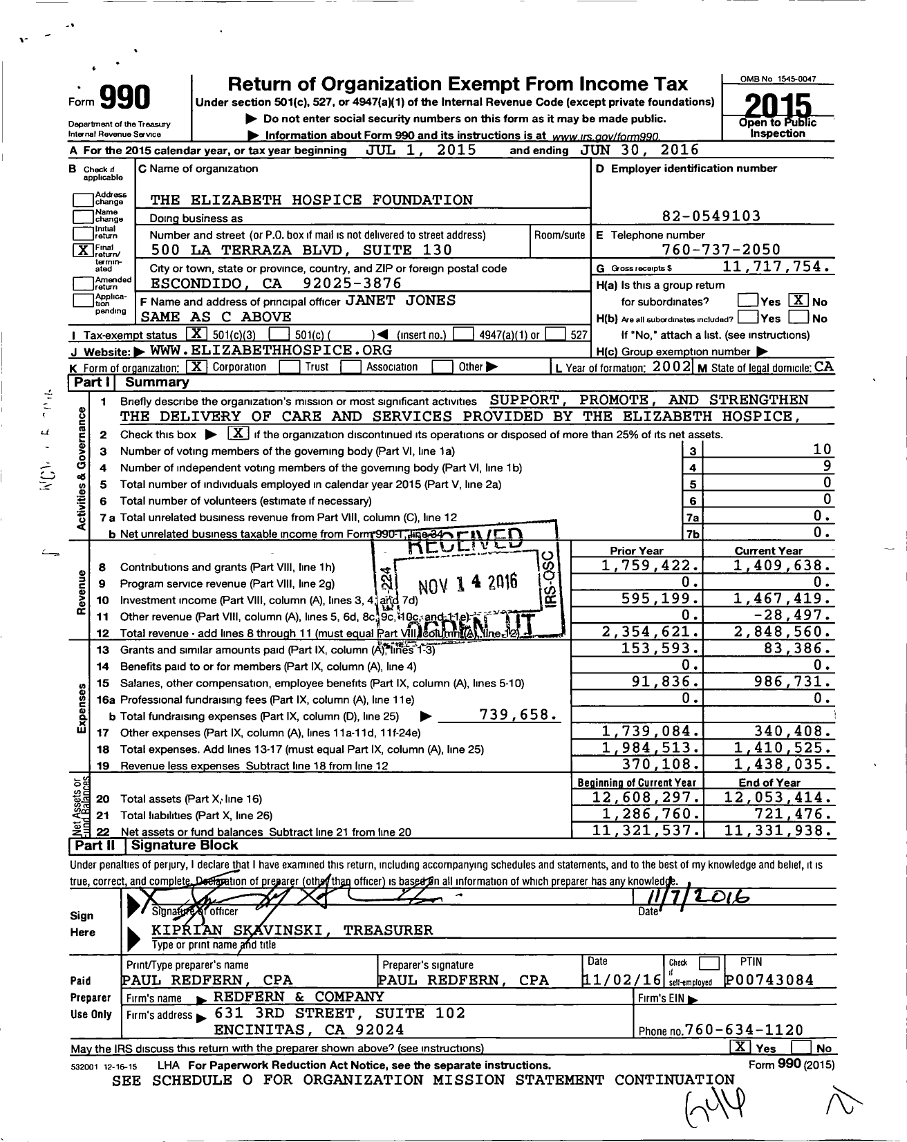 Image of first page of 2015 Form 990 for The Elizabeth Hospice Foundation