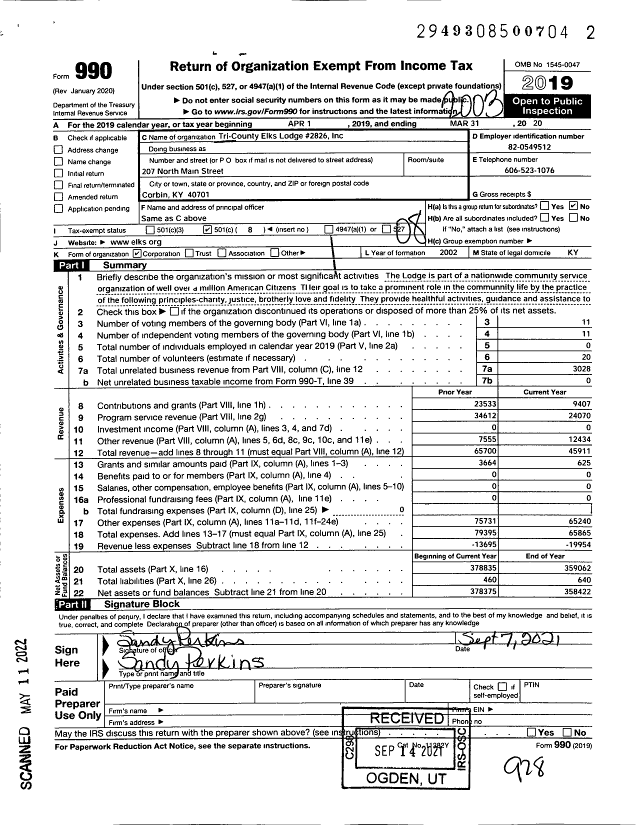 Image of first page of 2019 Form 990O for Benevolent and Protective Order of Elks - 2826 Tri County