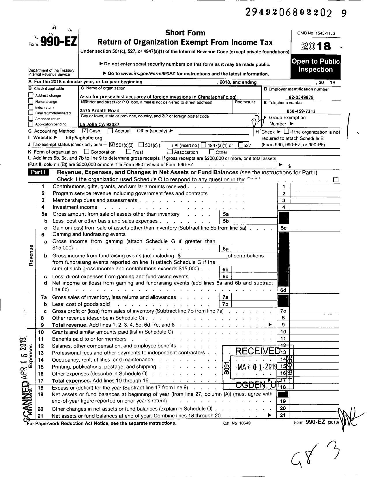 Image of first page of 2018 Form 990EZ for Asso for Preerv Histo Accuary of Foreign Invasions in China Aphafic Org