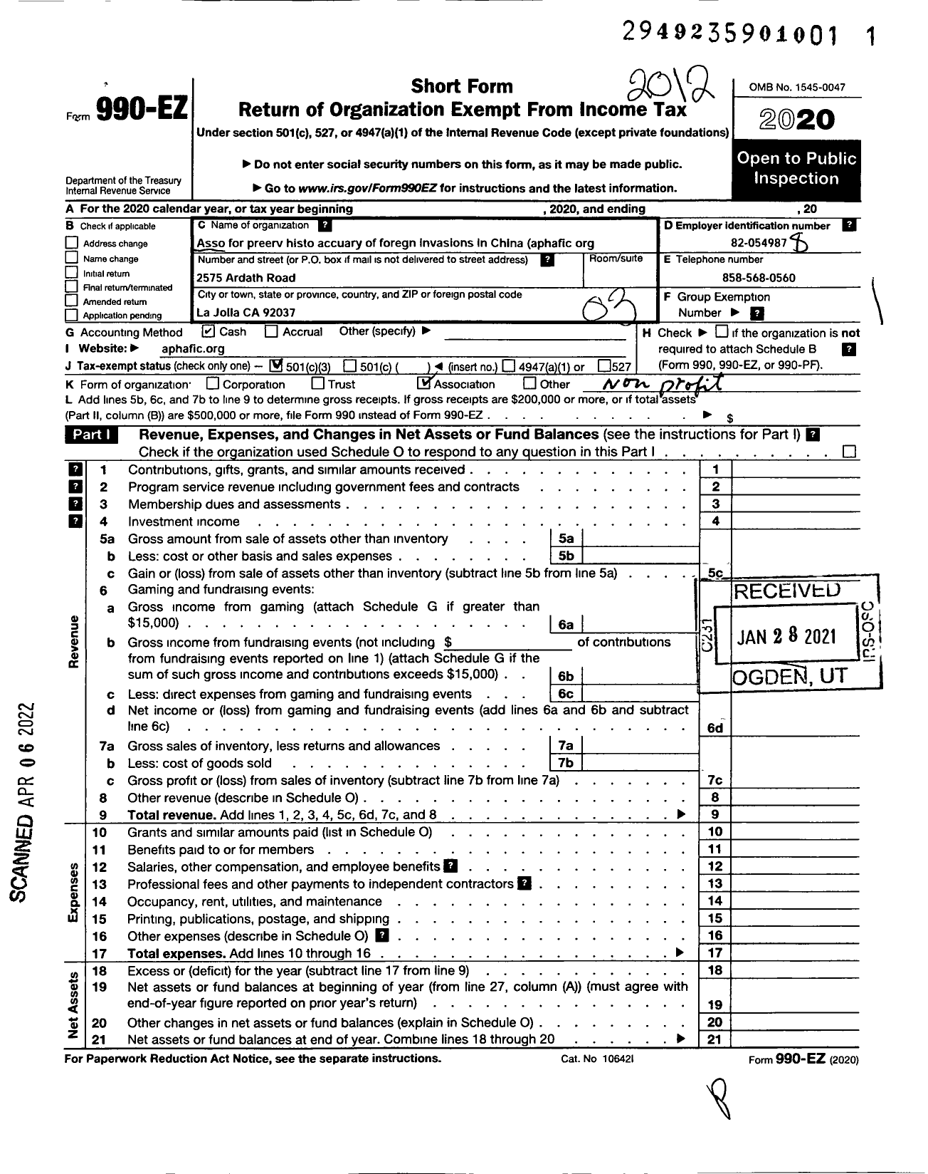 Image of first page of 2020 Form 990EZ for Asso for Preerv Histo Accuary of Foreign Invasions in China Aphafic Org