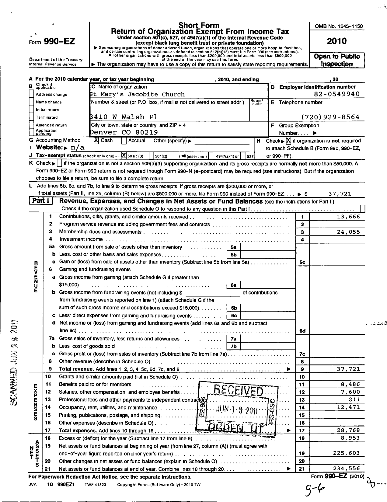 Image of first page of 2010 Form 990EZ for St Marys Jocobite Chruch