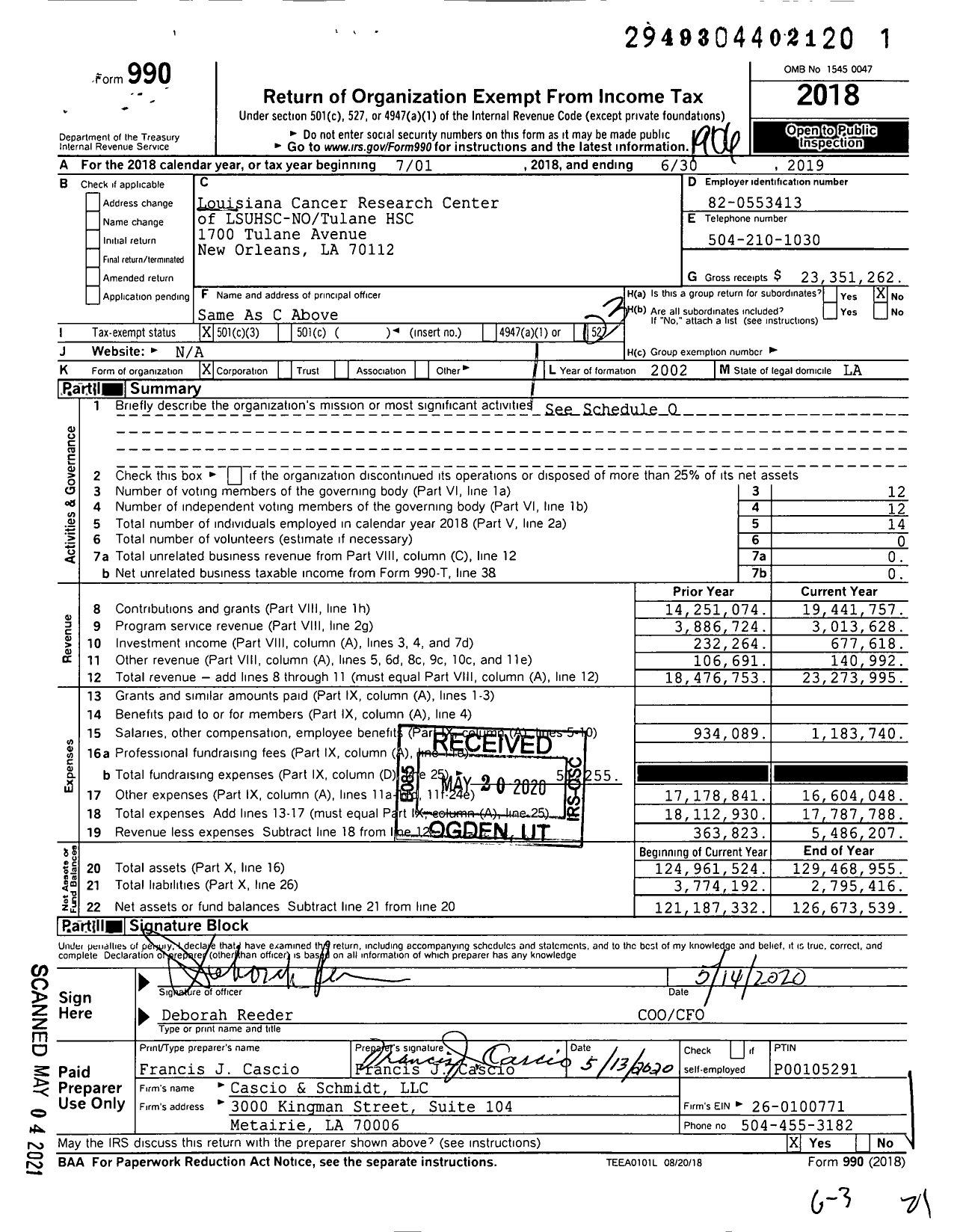 Image of first page of 2018 Form 990 for Louisiana Cancer Research Center (LCRC)