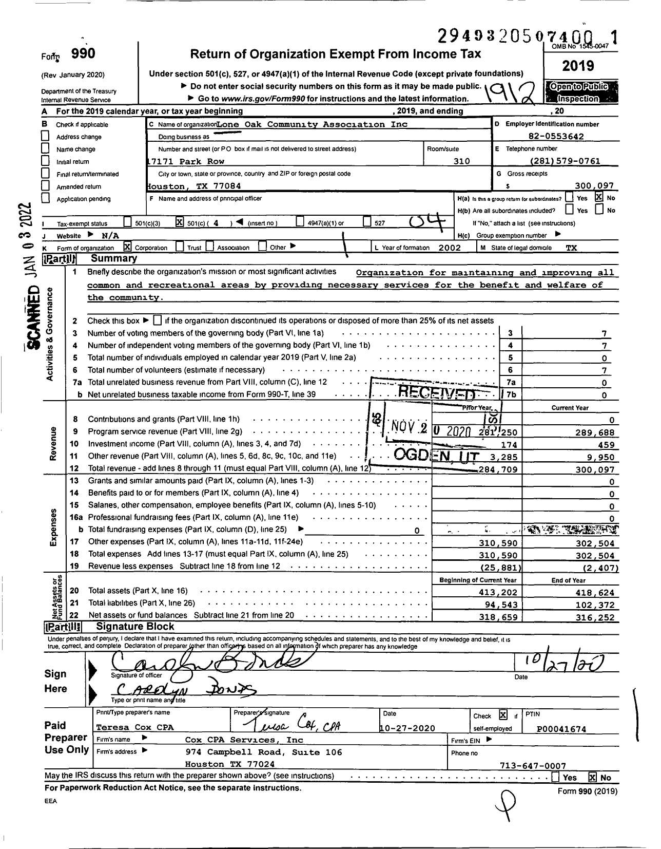 Image of first page of 2019 Form 990O for Lone Oak Community Association