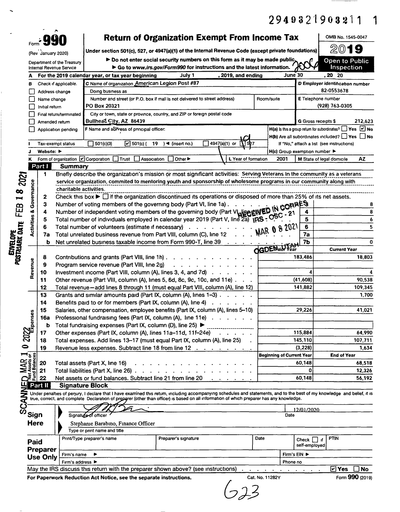 Image of first page of 2019 Form 990O for American Legion - 87 Post of Mohave Valley