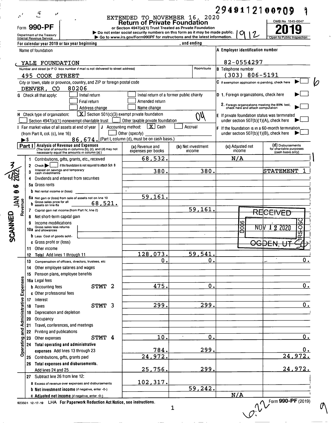 Image of first page of 2019 Form 990PF for Yale Foundation