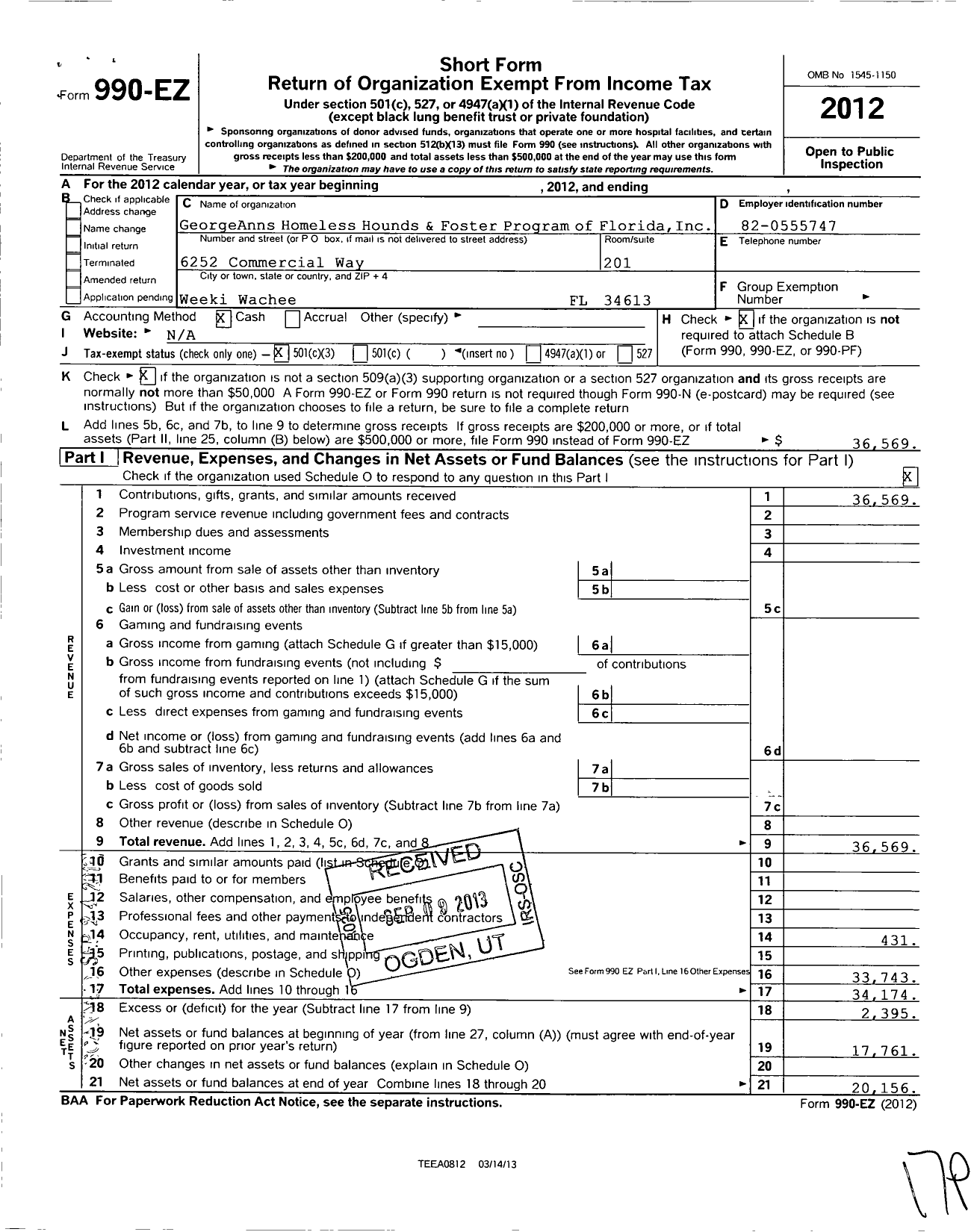 Image of first page of 2012 Form 990EZ for Georgeanns Homeless Hounds and Foster Program of Florida