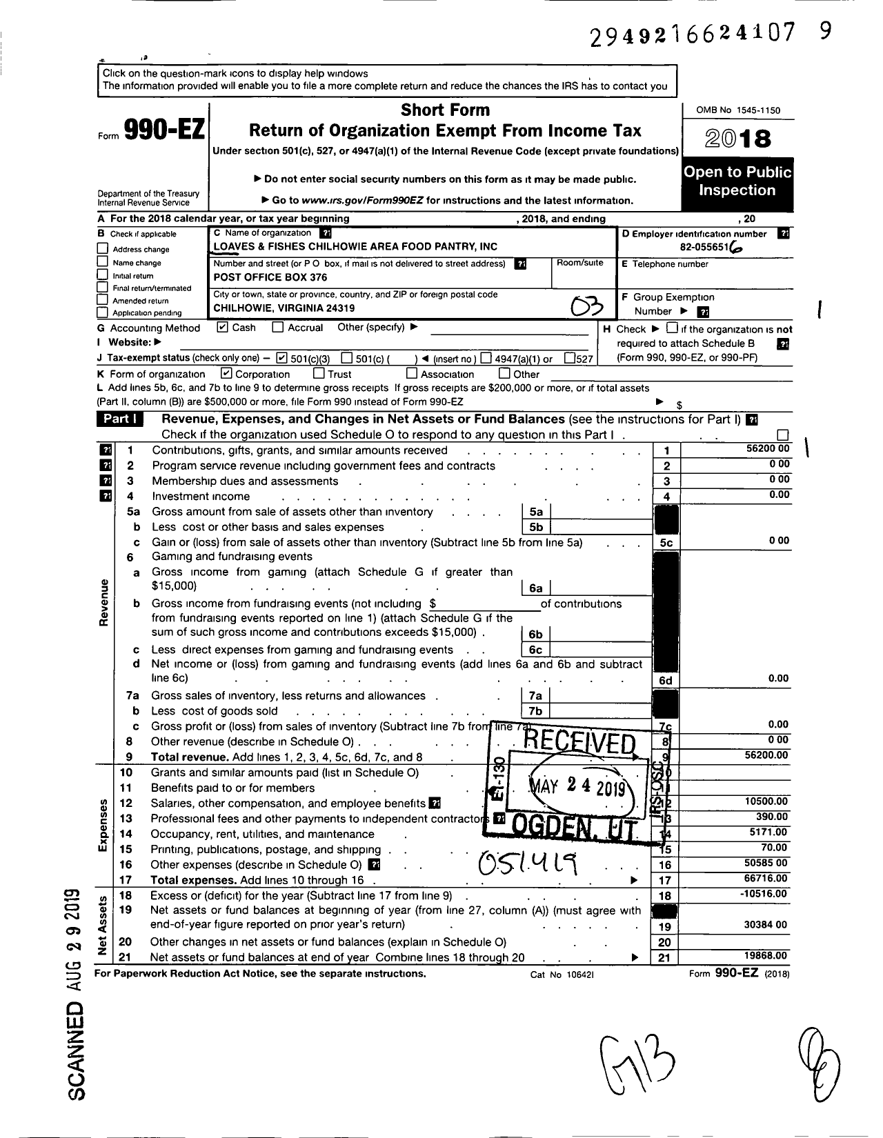 Image of first page of 2018 Form 990EZ for Loaves and Fishes Chilhowie Area Food Pantry