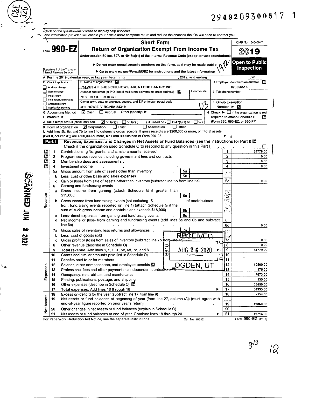 Image of first page of 2019 Form 990EZ for Loaves and Fishes Chilhowie Area Food Pantry