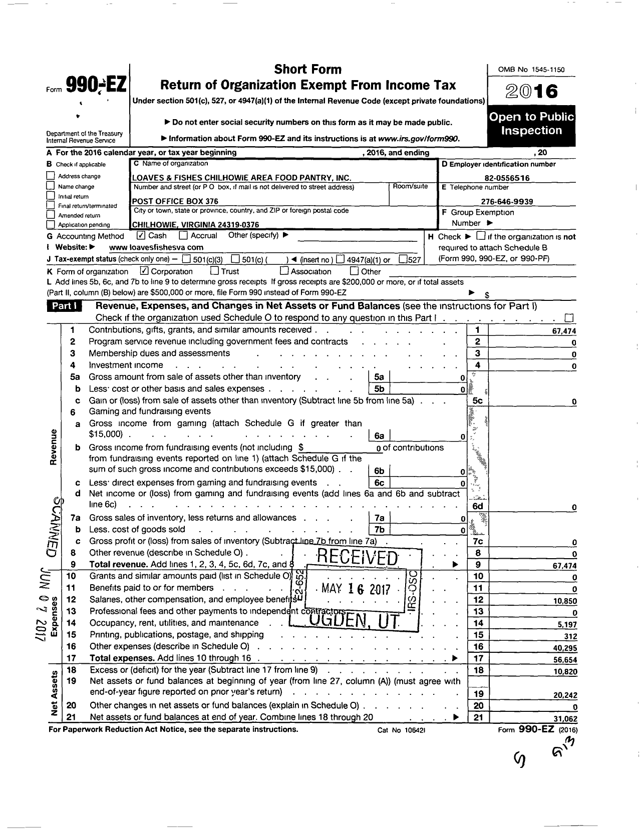 Image of first page of 2016 Form 990EO for Loaves and Fishes Chilhowie Area Food Pantry