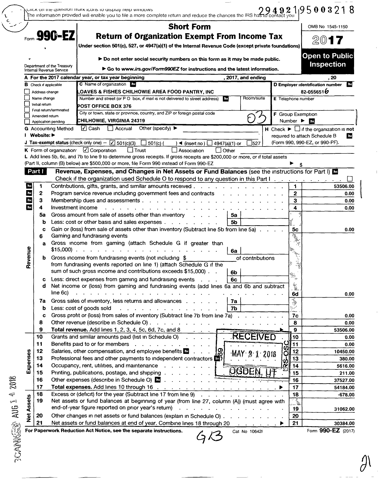 Image of first page of 2017 Form 990EZ for Loaves and Fishes Chilhowie Area Food Pantry