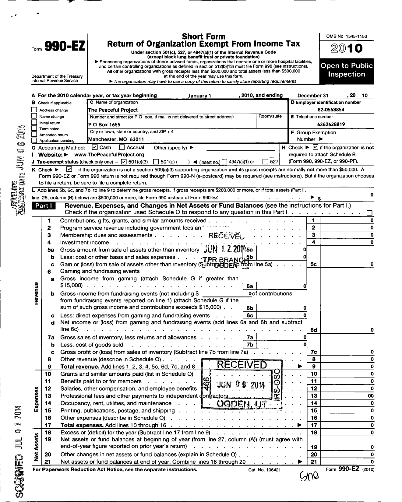 Image of first page of 2010 Form 990EZ for The Peaceful Project