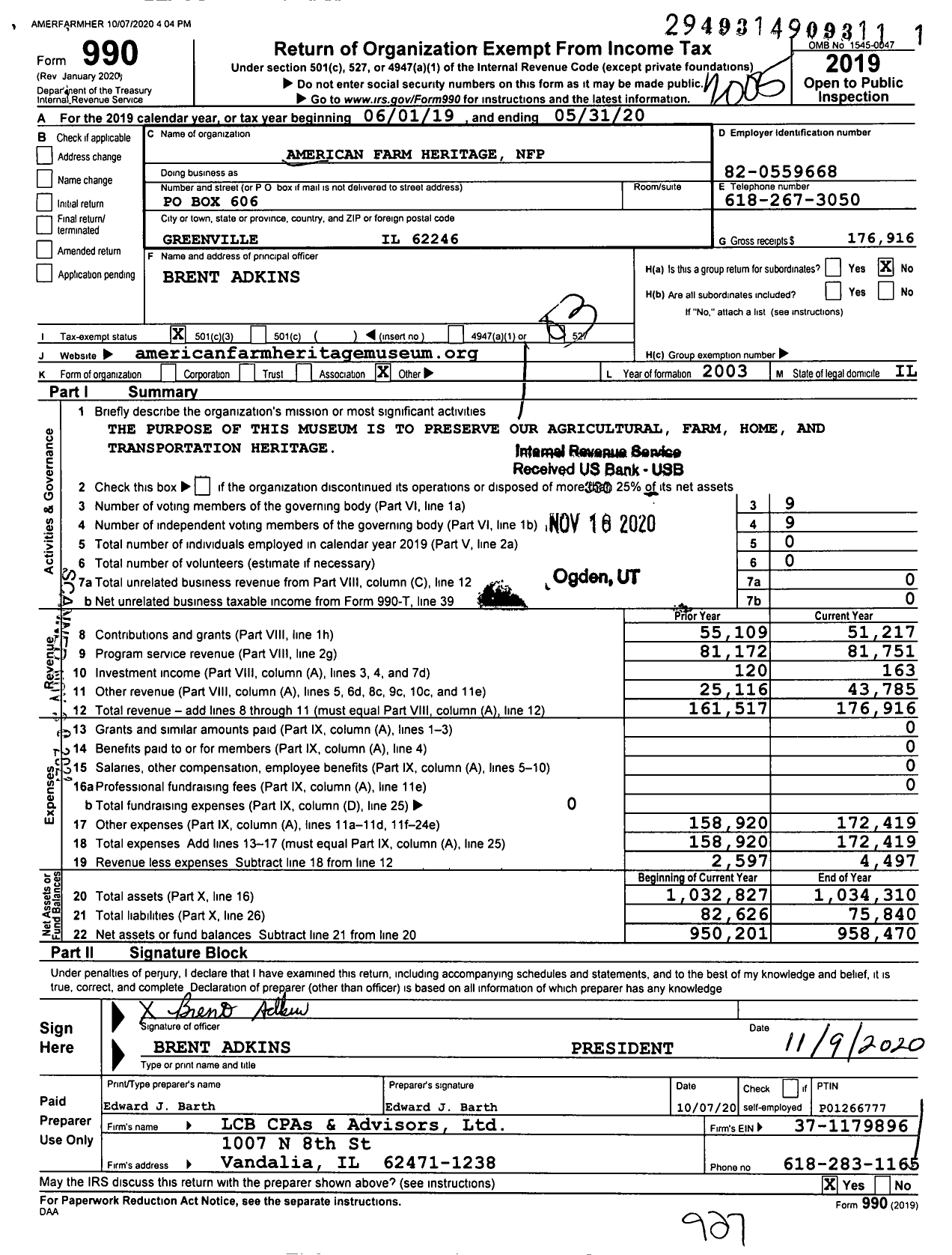 Image of first page of 2019 Form 990 for American Farm Heritage NFP