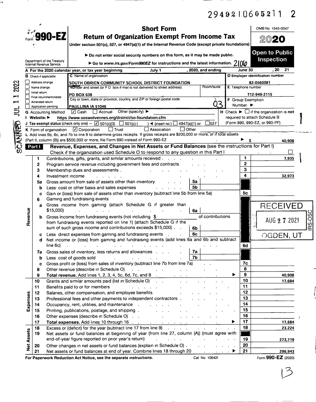 Image of first page of 2020 Form 990EZ for South OBrien Community School District Foundation