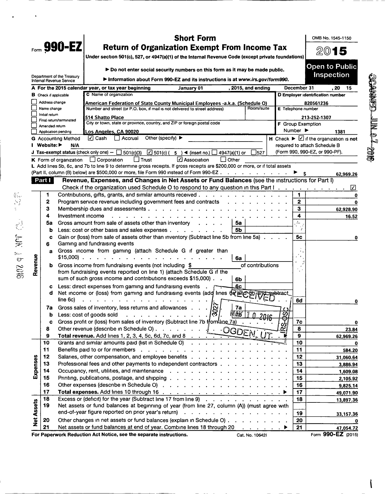 Image of first page of 2015 Form 990EO for American Federation of State County & Municipal Employees - AFSCME Local 741