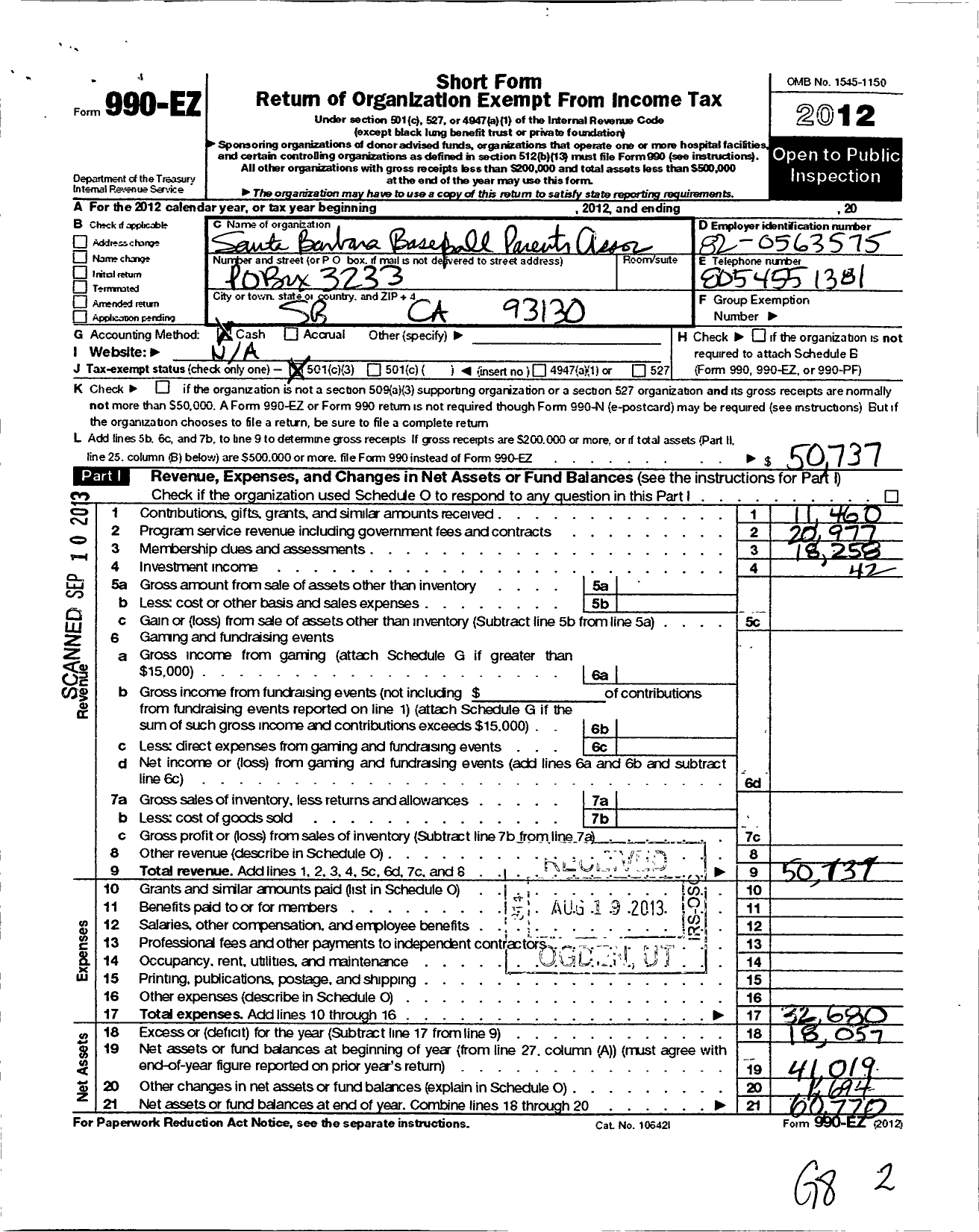 Image of first page of 2012 Form 990EZ for Santa Barbara Baseball Parents Association