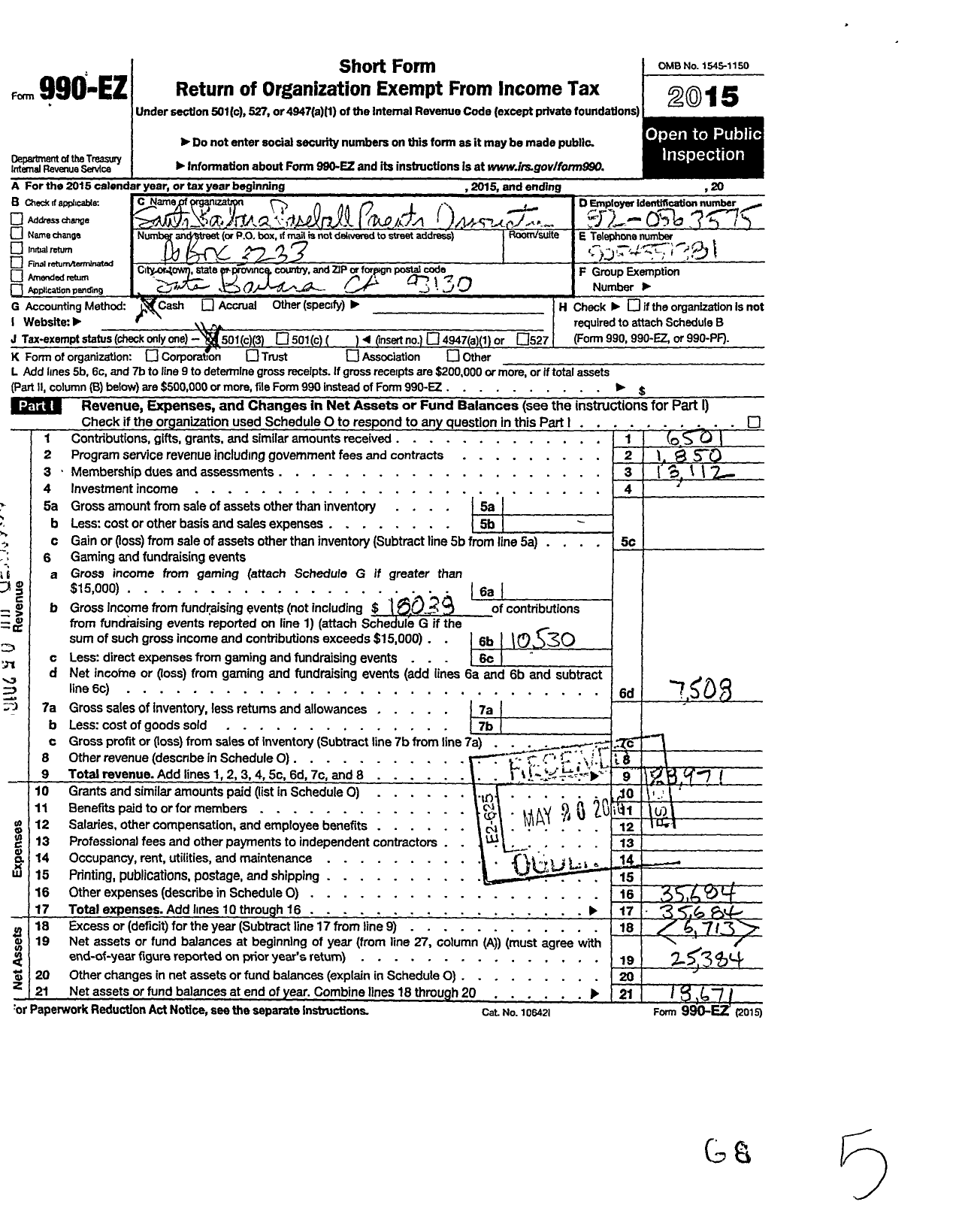 Image of first page of 2015 Form 990EZ for Santa Barbara Baseball Parents Association