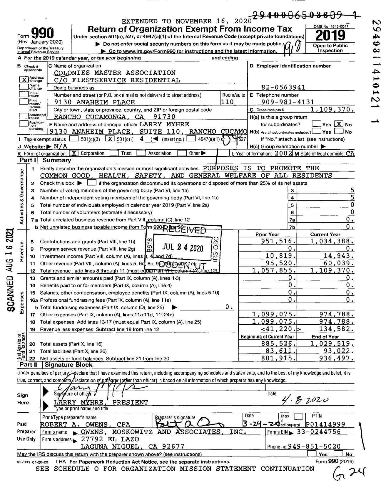 Image of first page of 2019 Form 990O for The Colonies Master Association