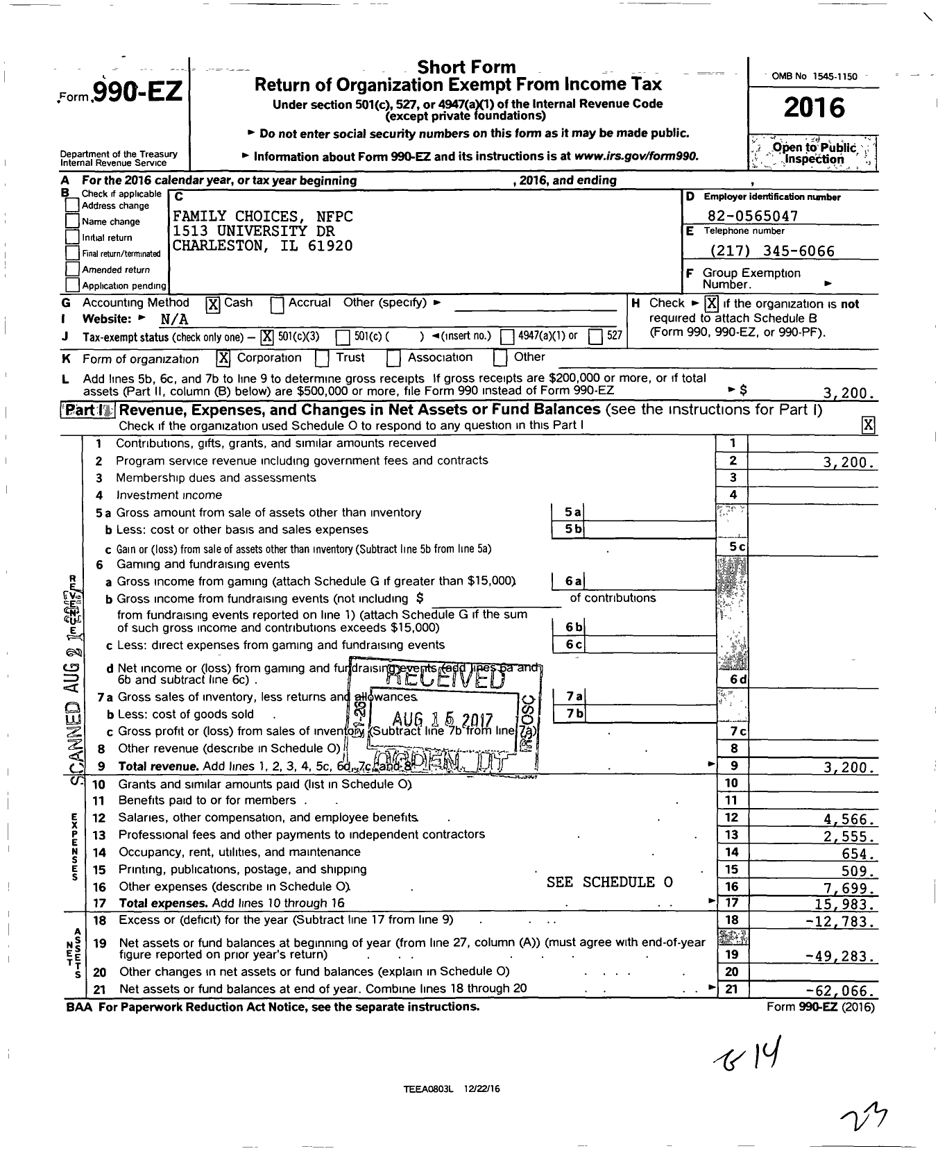 Image of first page of 2016 Form 990EZ for Family Choices NFPC